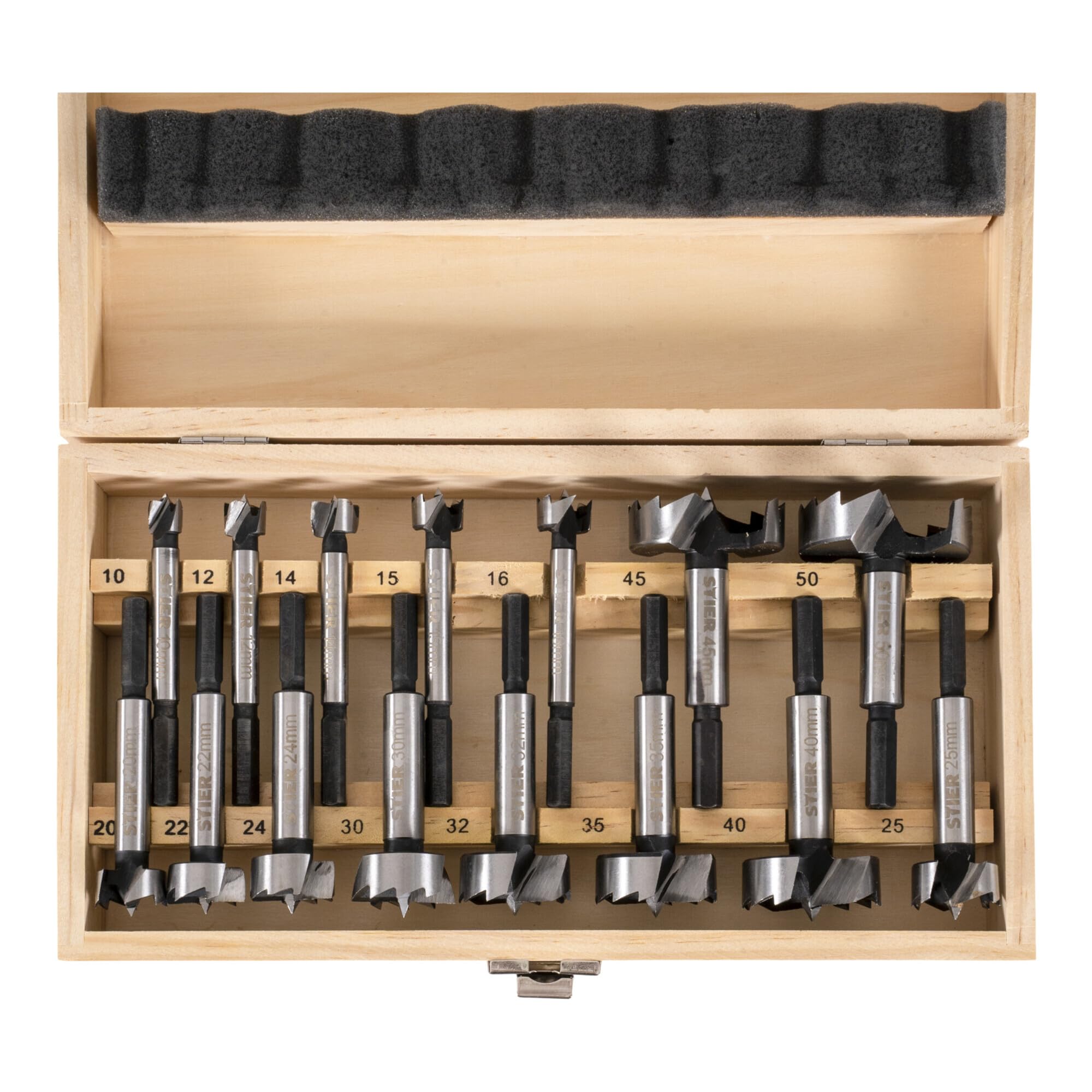 Jeu de forets à façonner STIER rangés dans un coffret en bois, 15 pièces