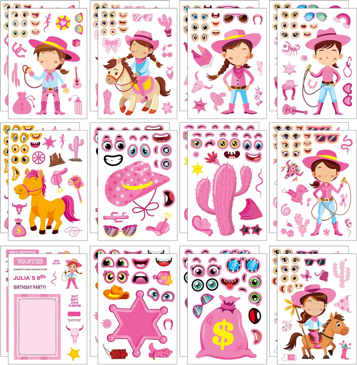 24 Sheets Cowgirl Make a Face Stickers, Pink Western Party Games Decal Mix and Match Sticker, Make Your Own Pink Cowgirl Stickers DIY Crafts for Adults Birthday Party Supplies Classroom Rewards