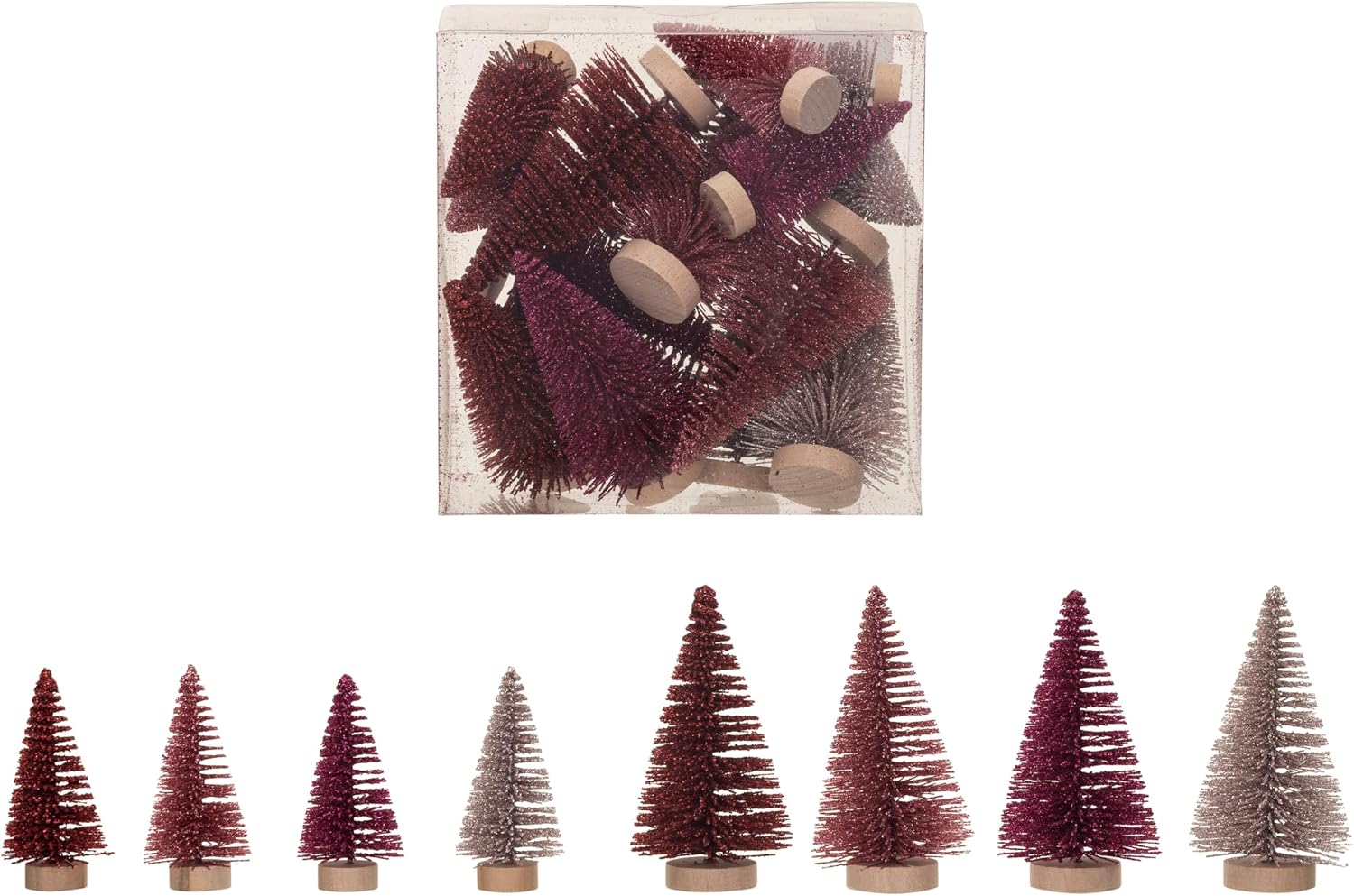 Creative Co-Op Sisal Bottle Brush Trees with Wood Bases, Burgundy and Pink, Set of 16