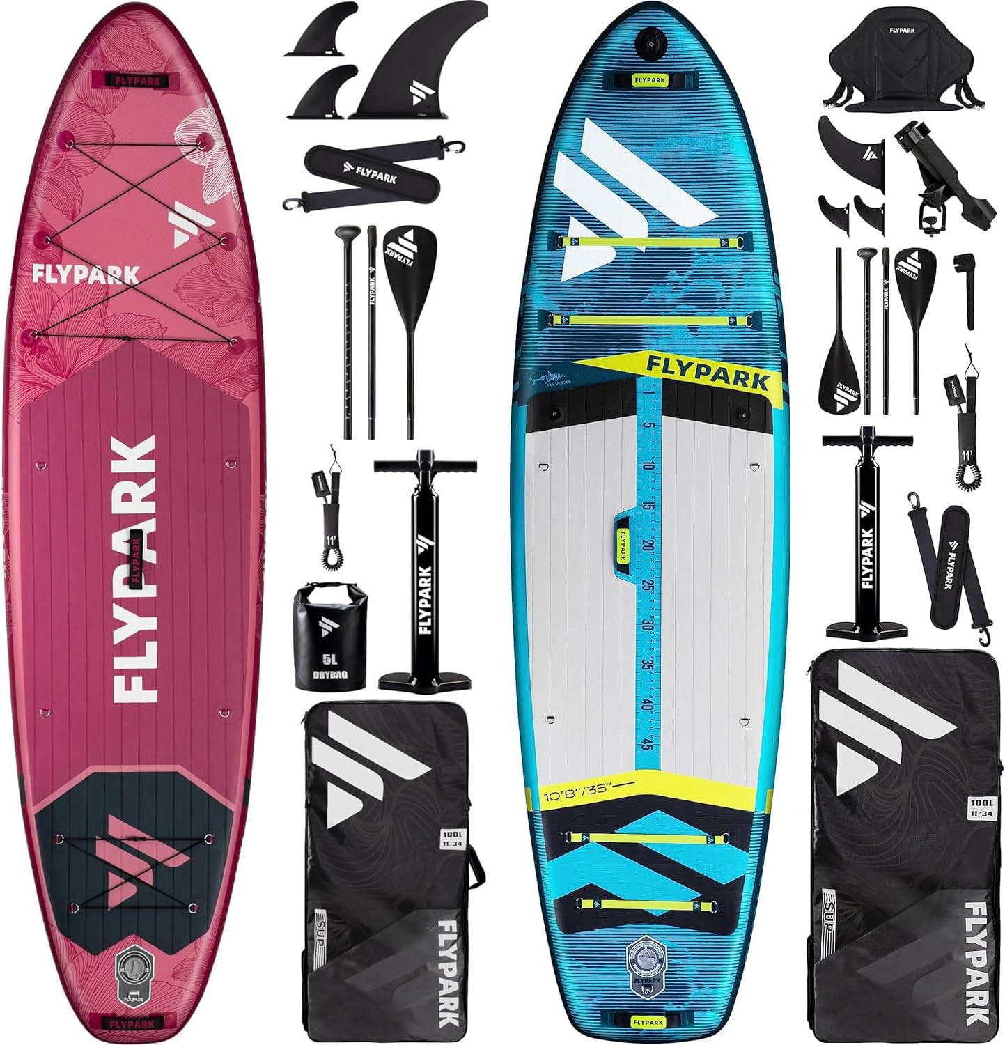 Flypark Fishing & Standard Bundles｜10'8"/11' Extra Wide Inflatable SUP, 10'8" Fishing Stand Up Paddle Board + 11‘ Family SUP Board, Double Accessories 116L Backpack, Shoulder Strap, 2-Action Pump