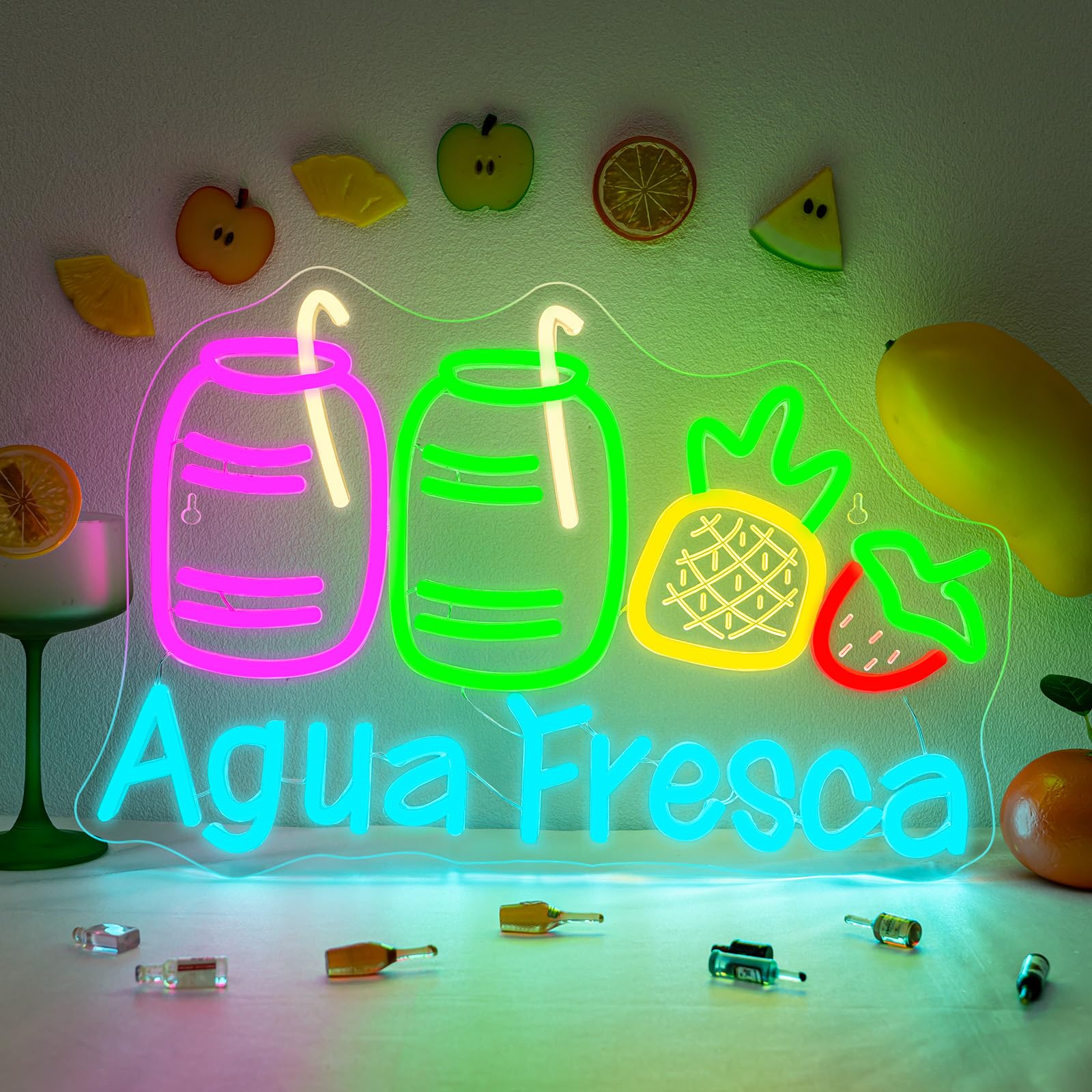 Agua Fresca Neon Signs for Wall Decor Dimmable Colorful LED Light with Fruits and Straw USB Powered Fun Signs for Latin Restaurants Store Food Stalls Cafes Bars Kitchens