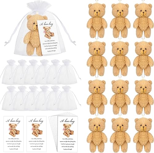 Zhanmai Juego de 12 mini osos de peluche de 4.7 pulgadas con diseño sonriente de bolsillo, regalos de oso para baby shower, bolsas de organza para