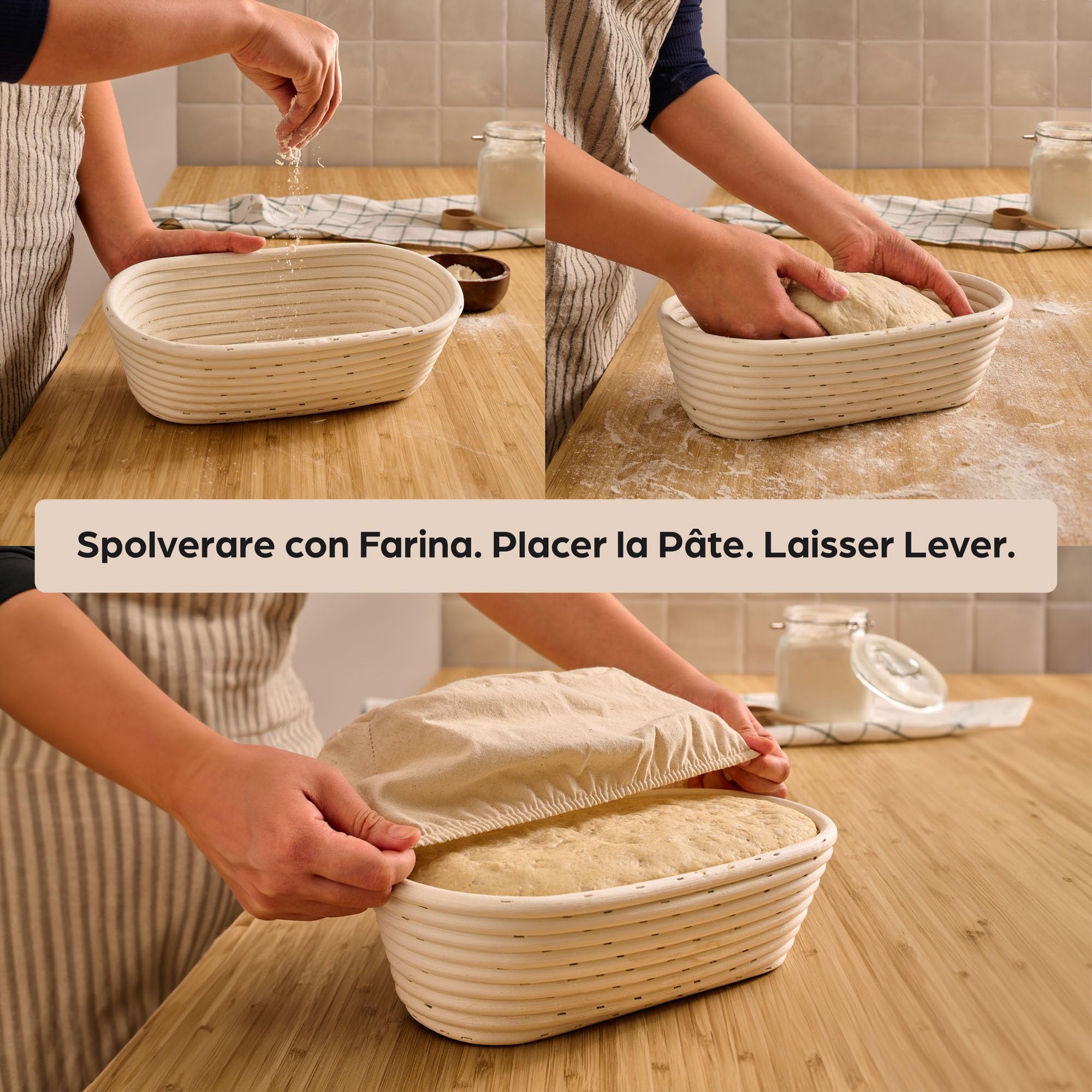 Praknu Banneton pour Pain Ovale 28 cm - En Bois Rotin Résistant - Kit boulangerie avec Brosse, Tissu en Lin & Sac pour le Pain