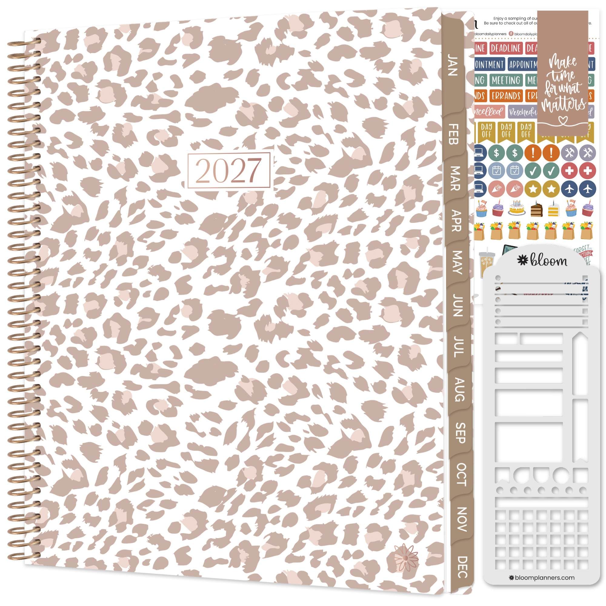 bloom daily planners Agenda 2027 para mujer (8.5 x 11 pulgadas), calendario semanal y mensual (de enero a diciembre), organizador de libros de tapa blanda con calcomanías y plantilla, leopardo marrón