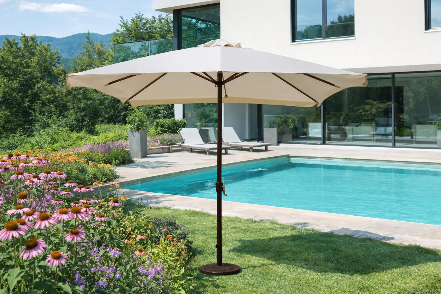Ombrellone 3x3 m da Giardino Ecrù con Palo Centrale Ø48 mm, Apertura a Manovella, Telo in Poliestere 180 g/m² e Struttura a 8 Stecche, Ideale per Terrazza, Piscina, Bar e Outdoor