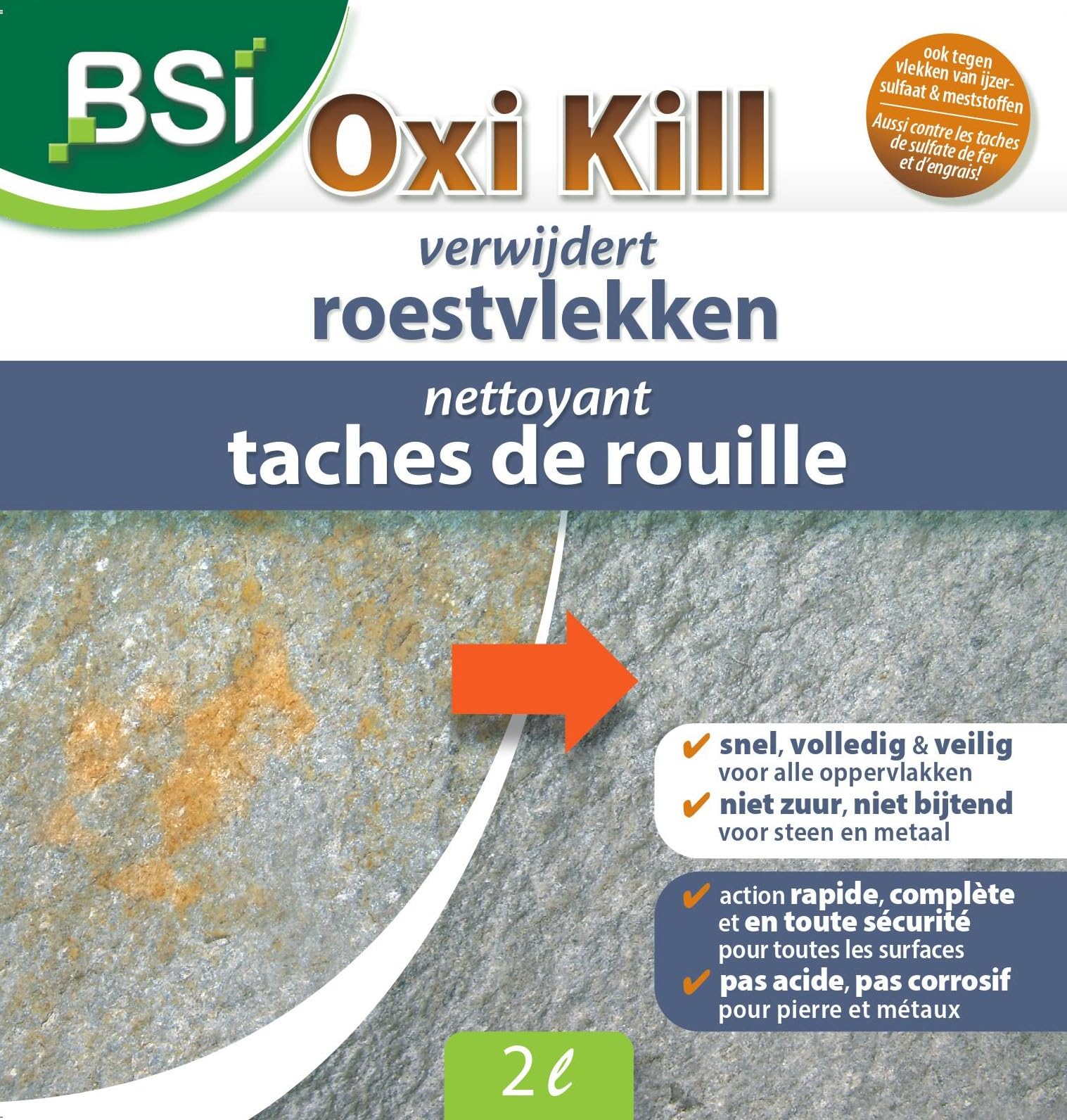 BSI - Oxi Kill - Nettoyant - Pour Ôter Les Tâches De Rouille - Efficace Sur Toutes Les Surfaces - Utilisation En Extérieur Comme Intérieur - Bidon - 2l - Prêt A l'Emploi