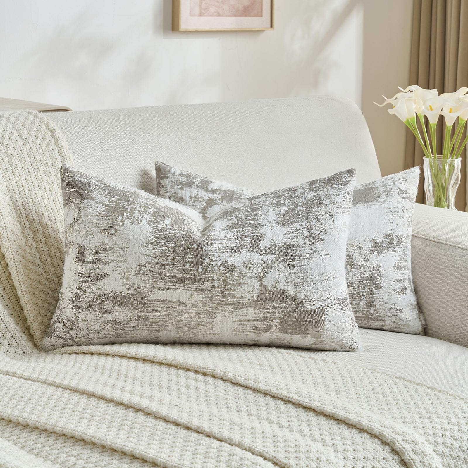 FUTEI Set of 2 Faux Cashmere Cushion Covers 30x50 cm, Grey White — image 1