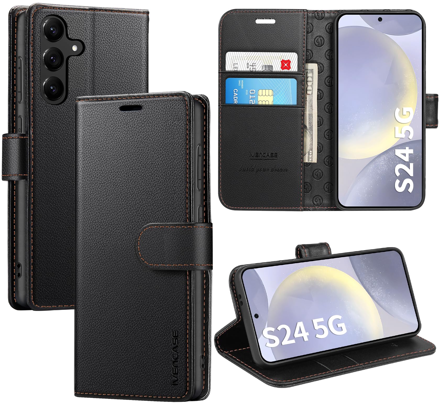 ivencaseCompatible with Samsung Galaxy S24 5G Case, Premium Leather Wallet Phone Case with Card Slots Magnetic Closure Kickstand Cover for Samsung S24 5G - Black