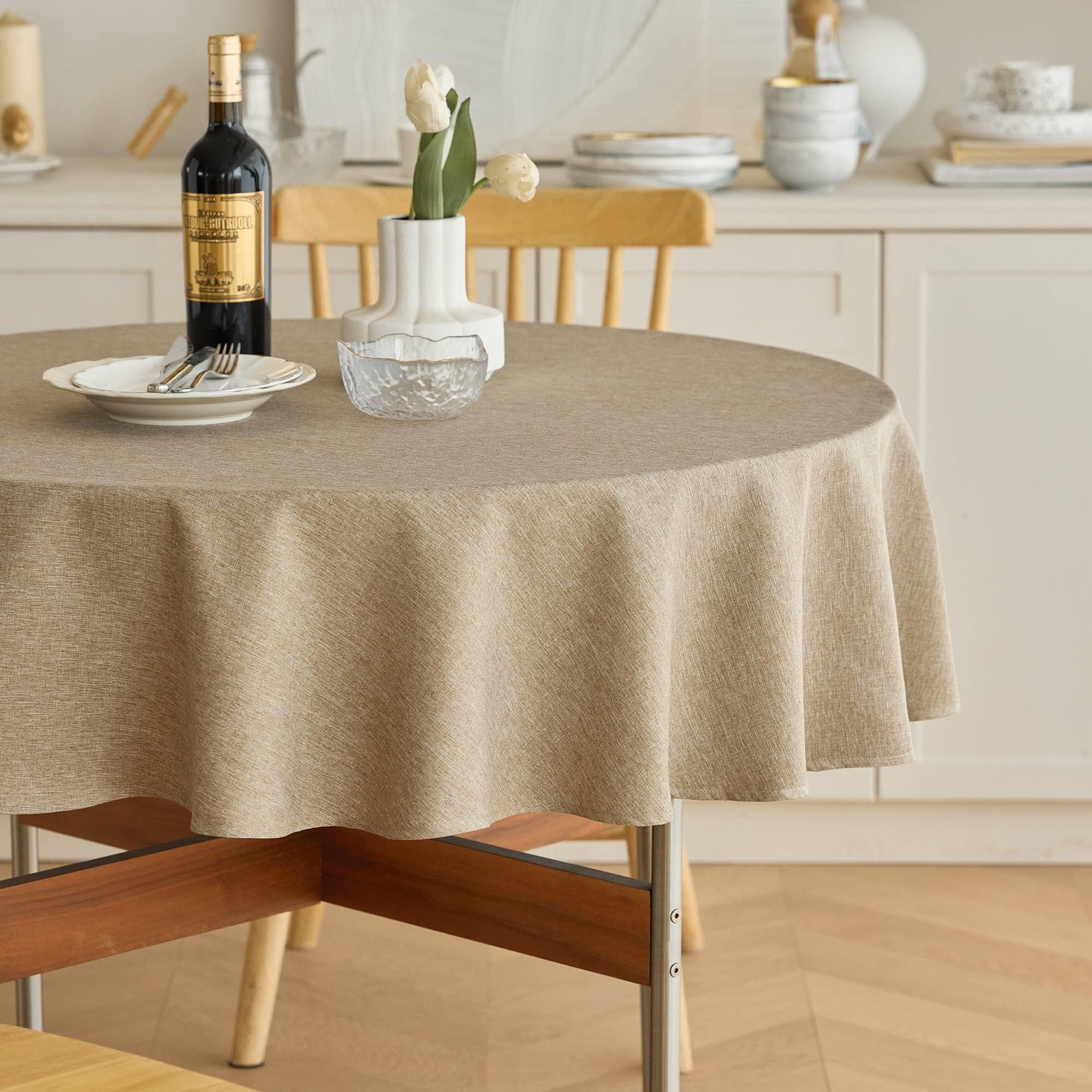 Waterproof Faux Linen Farmhouse Round Table Cloth for Indoor/Outdoor, Decorative Rustic Fabric Tablecloth Cover for Party Picnic Dining & Kitchen Table (60 Inch, Round (2-4 Seats), Natural)