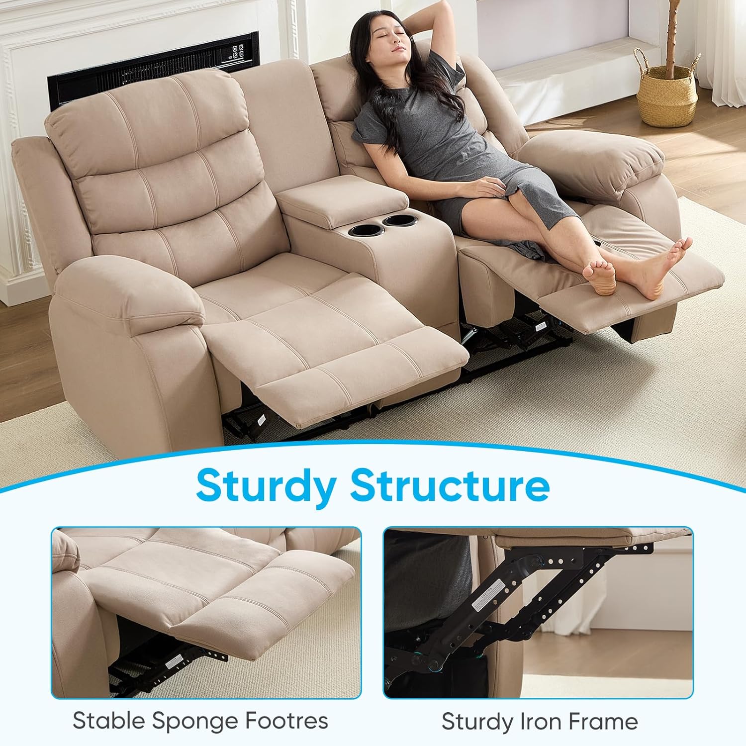 Mjkone Loveseat Recliner Sofa Couch, Reclining Home Theater Seating, Manual Control Recliner Sofa with Console Storage, Cup Holders, Adjustable Backrest, Couch for Living Room, Cinema, Media - Beige