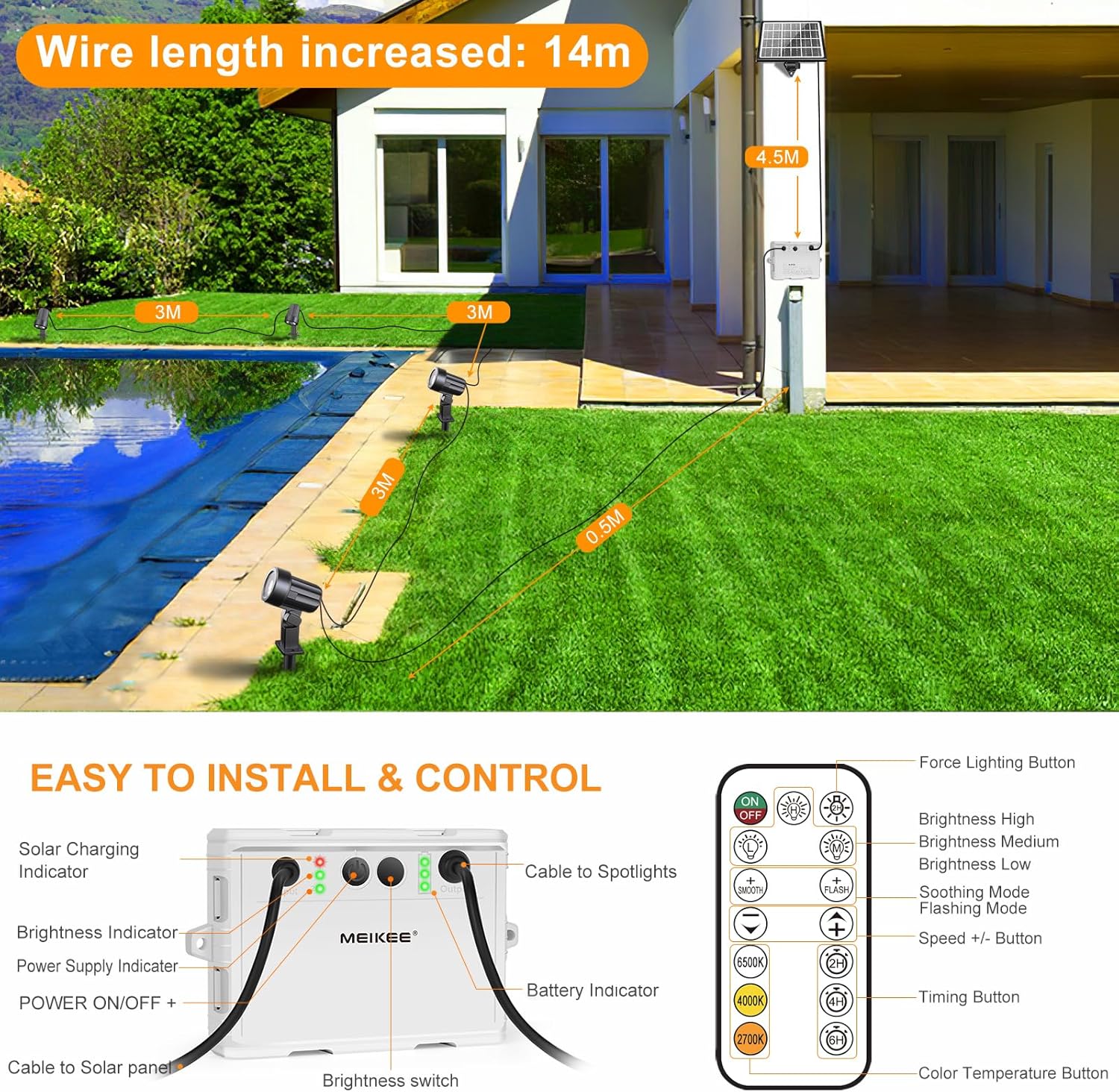 MEIKEE Solar Spotlights Outdoor, Solar Powered Landscape Lights, Dusk to Dawn with 3 Levels of Brightness, IP66 Waterproof 6 in 1 & 4 in 1 LED Garden Lights