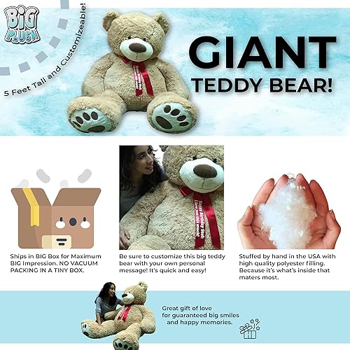 Miniatura 2 de Big Plush Oso de peluche gigante con cinta de satén roja personalizada para el cuello, enorme oso de peluche extra suave de 5 pies, animal de