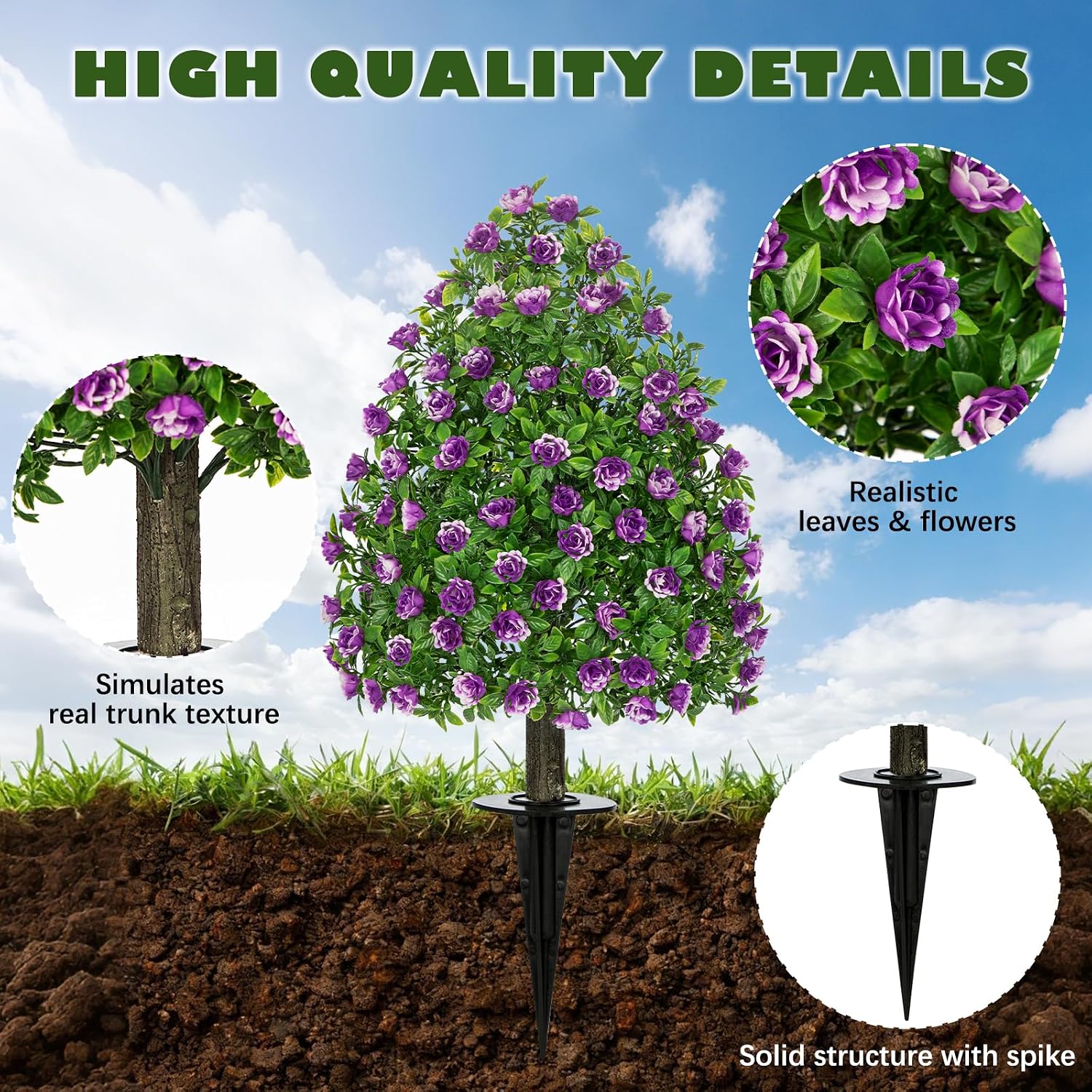 2 Pack 24" Artificial Topiary Ball Trees with Flowers, 2ft Artificial Shrubs with Ground Spike, UV Resistant Faux Bushes Evergreen Trees Indoor Outdoor Front Porch Garden Home Decor