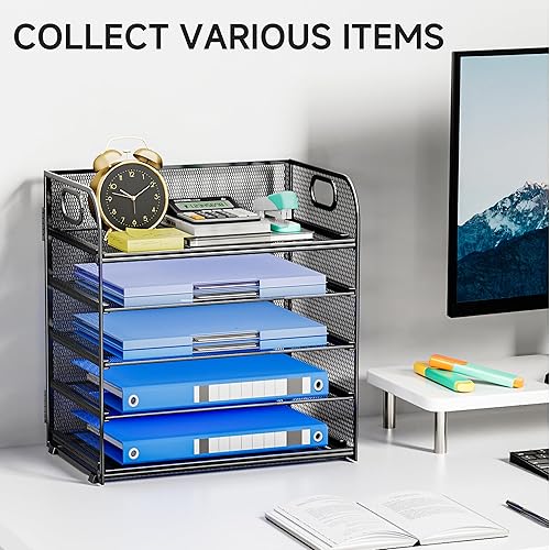 Miniatura 7 de Bandeja organizadora de papel con asa, organizador de escritorio apilable de 5 niveles con malla de metal, bandeja de papel resistente para