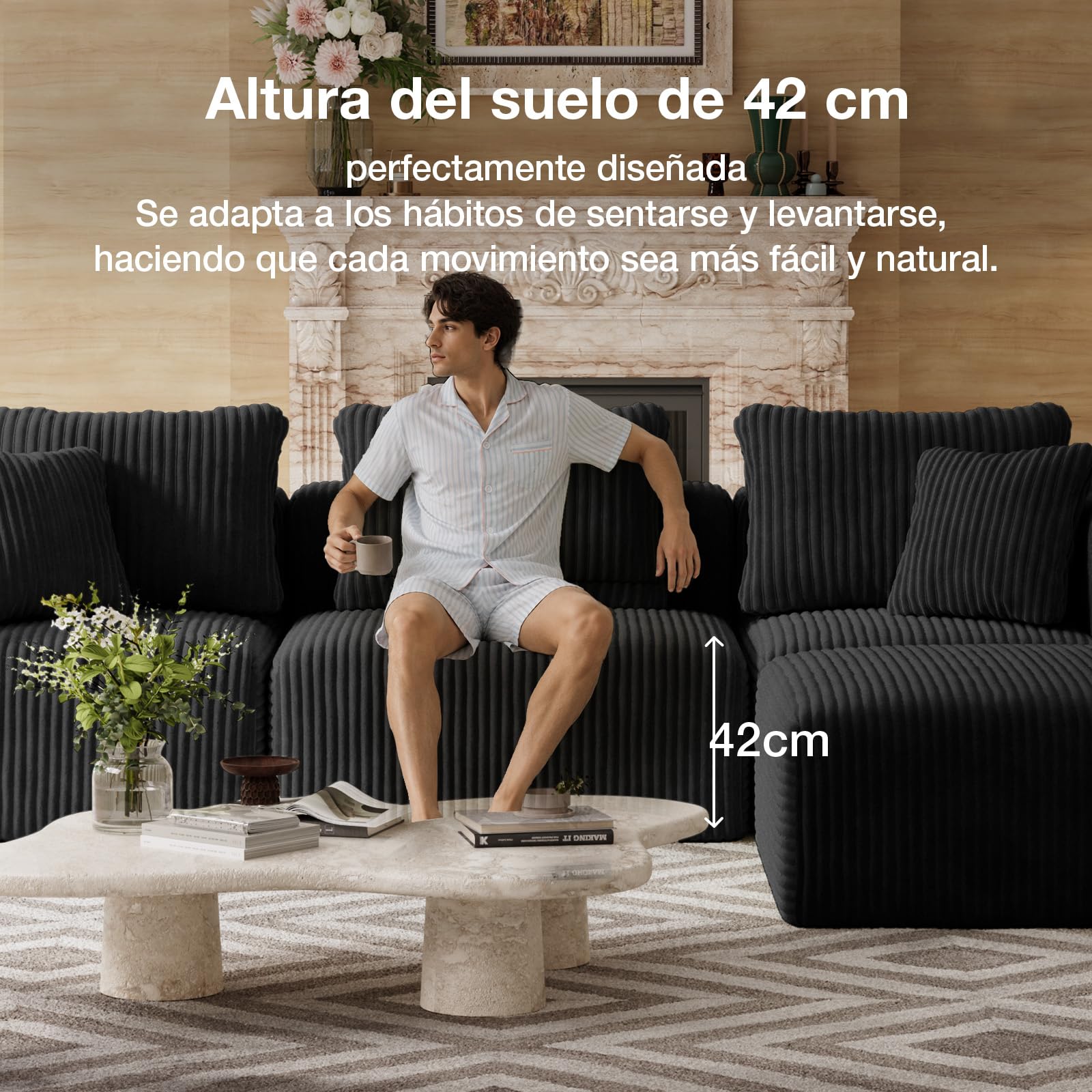 Novilla 270 cm Sofá Esquinero Modular Componible 3 Plazas en Terciopelo | Muelles Ensacados Smarts Coil®, Sin Montaje, Terciopelo Acanalado, 5 Cojines Incluidos