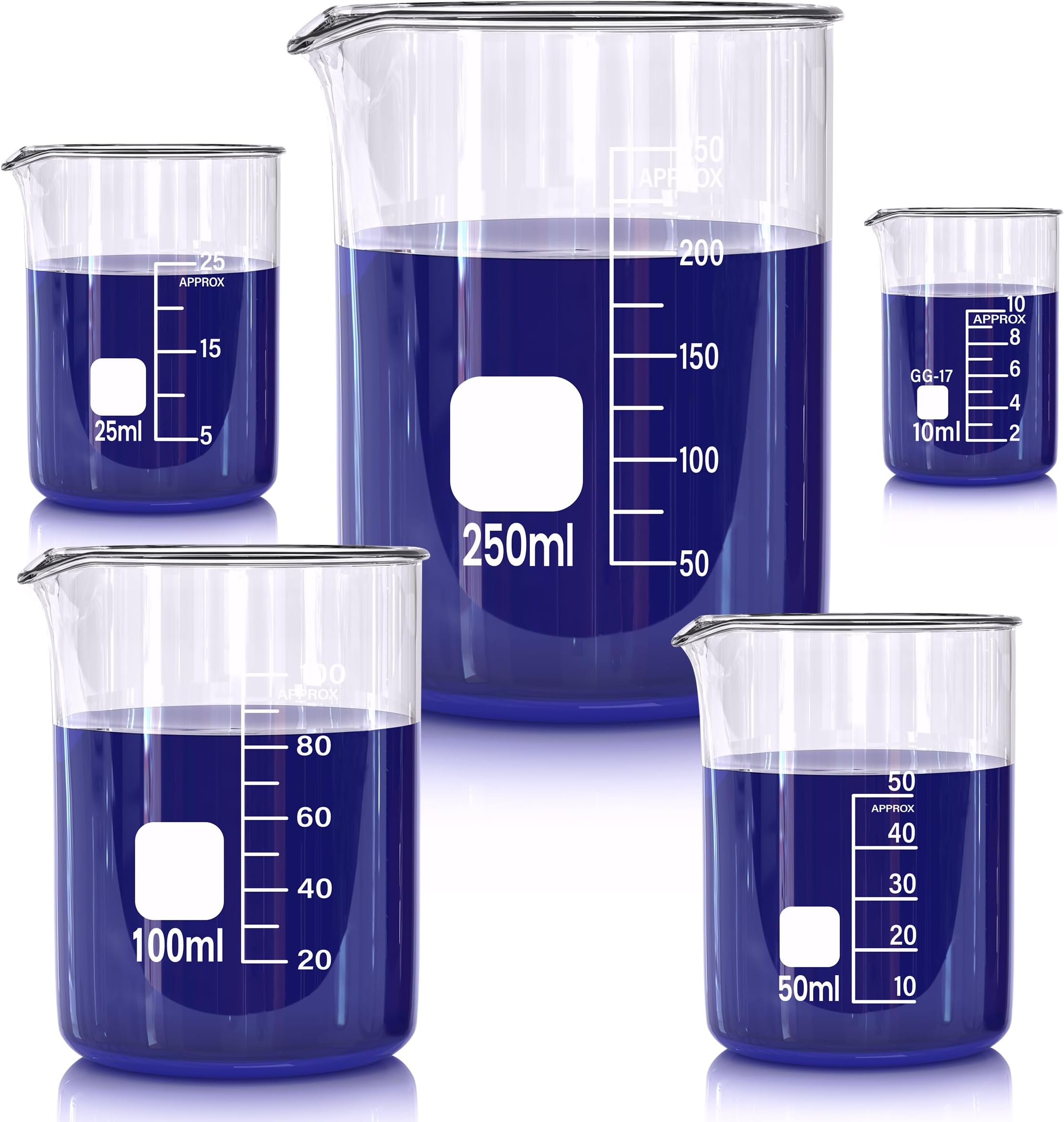 Glass Beakers Set, 5 Sizes - 10ml, 25ml, 50ml, 100ml, 250ml, 3.3 Borosilicate Beaker for Laboratories, Classrooms or Home, Griffin Low Form Lab Beakers
