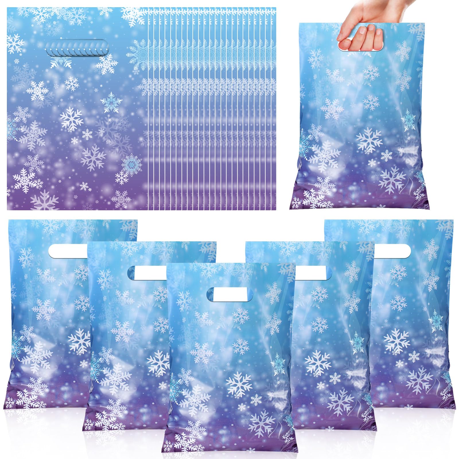 ReliThick 60 Pcs Winter Snowflake Party Gift Bags with Handle Blue and Purple Wonderland Iced Plastic Candy Goodie Bags for Winter Holiday Birthday