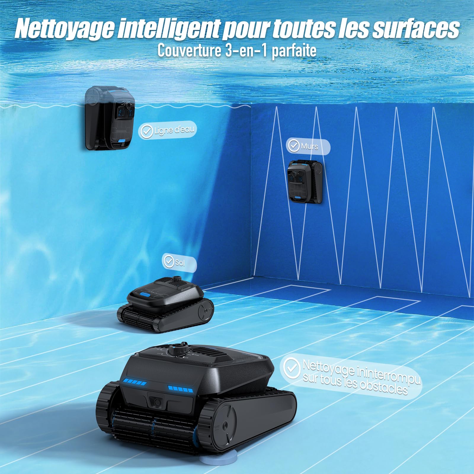 Robot de Piscine sans Fil à Batterie, détection ultrasons, Navigation Intelligente, Nettoyage Fond, parois & Ligne d’Eau (PC200) (Noir Pur)