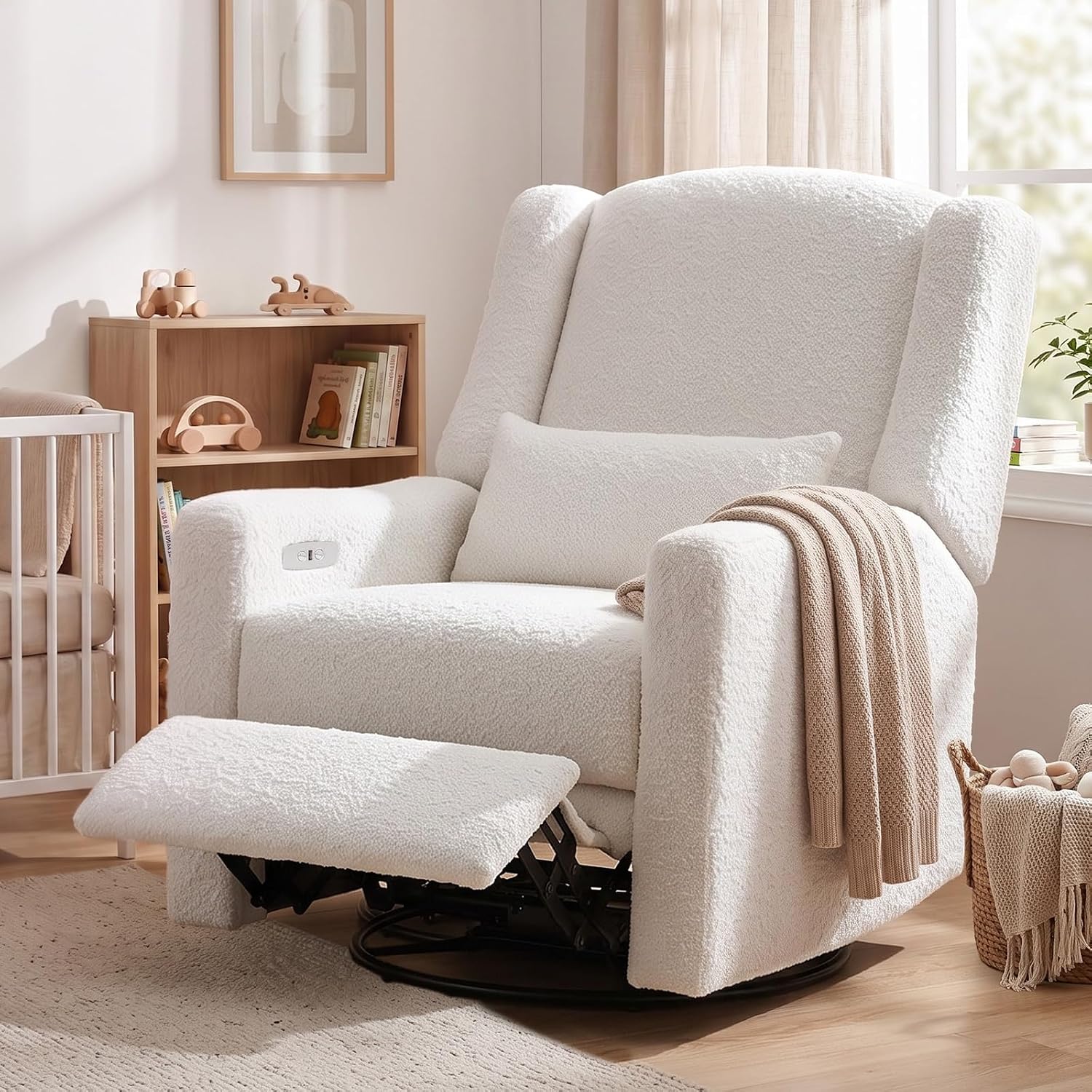 Power Swivel Rocker Recliner, Big Comfort, for Nursery, Cream | Soft Glider Rocking Chair with Lumbar Pillow & USB Charging Port, Swivel Glider Chair for for Nursery Living Room