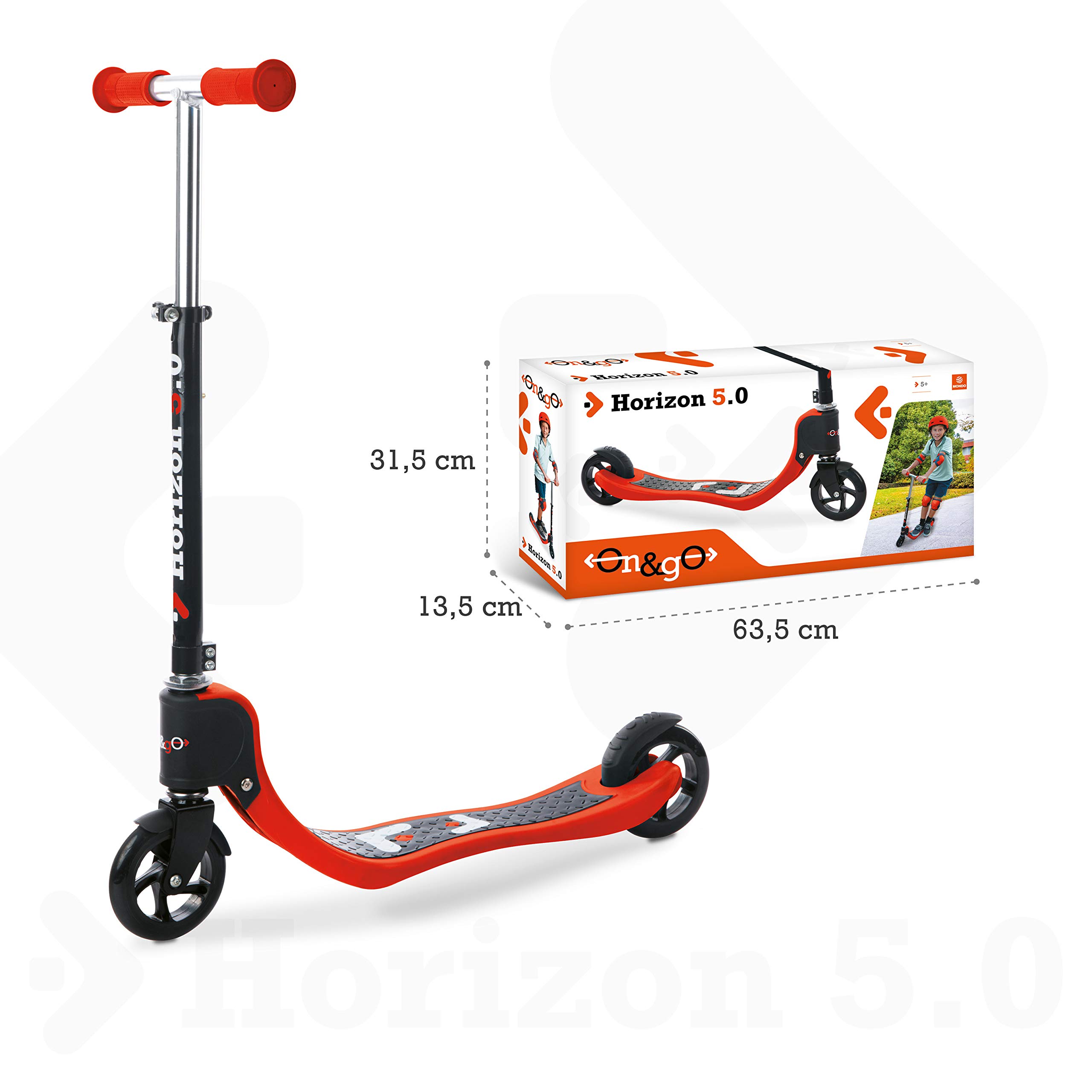 Mondo On & Go - Horyzont 5.0 skuter 2 aluminiowe koła - koła PP i uchwyty TPR - tylny hamulec bezpieczeństwa - kolor czerwony