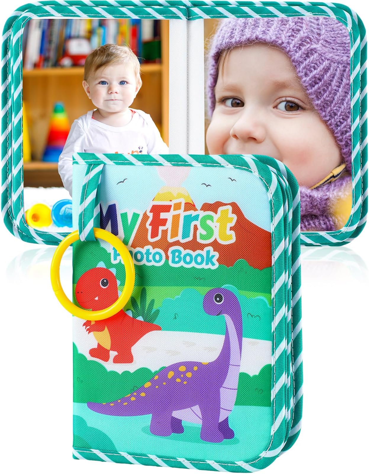 Reallnaive Baby Photo Album Holds 17 4x6 Pictures My First Soft Cloth Family Photo Book with Name Tag Stickers Fabric Kid Memory Keepsake Gift for Newborn Toddler Boy Girl Baby Shower(Green Dino)