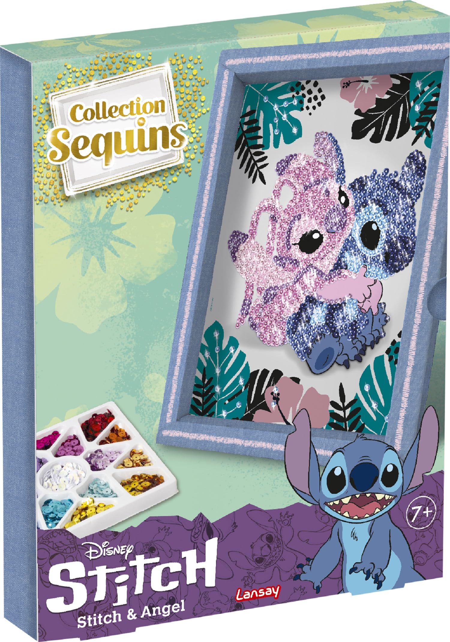 Lansay - COLLECTION SEQUINS STICH & ANGEL - Paillettenbild Bastelset für Kinder ab 7 Jahren - DIY Glitzermosaik inkl. Rahmen, bunten Pailletten & Nadeln - Kreative Disney Deko Geschenkidee Mädchen