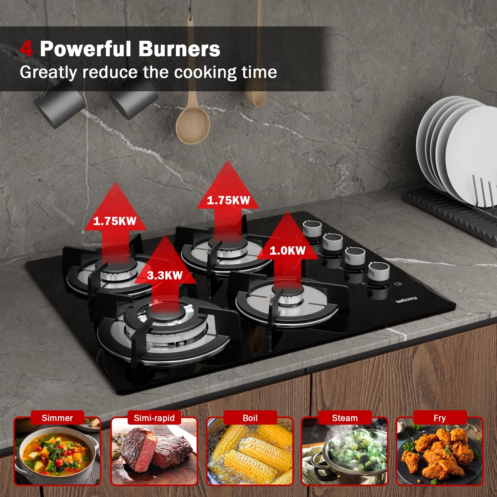 Gas Hob 4 Burners - Glass Hob Black Plug in NG/LPG Gas Hob, 7800W 4 Cooking Areas Built in Glass Cooktop Hob,Thermocouple Protection, Integrated Ignition - 3