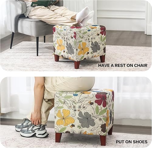 Miniatura 6 de Joveco Taburete cuadrado otomano de lino con patas de madera, reposapiés, mesa de centro para sala de estar, dormitorio, sofá, color beige