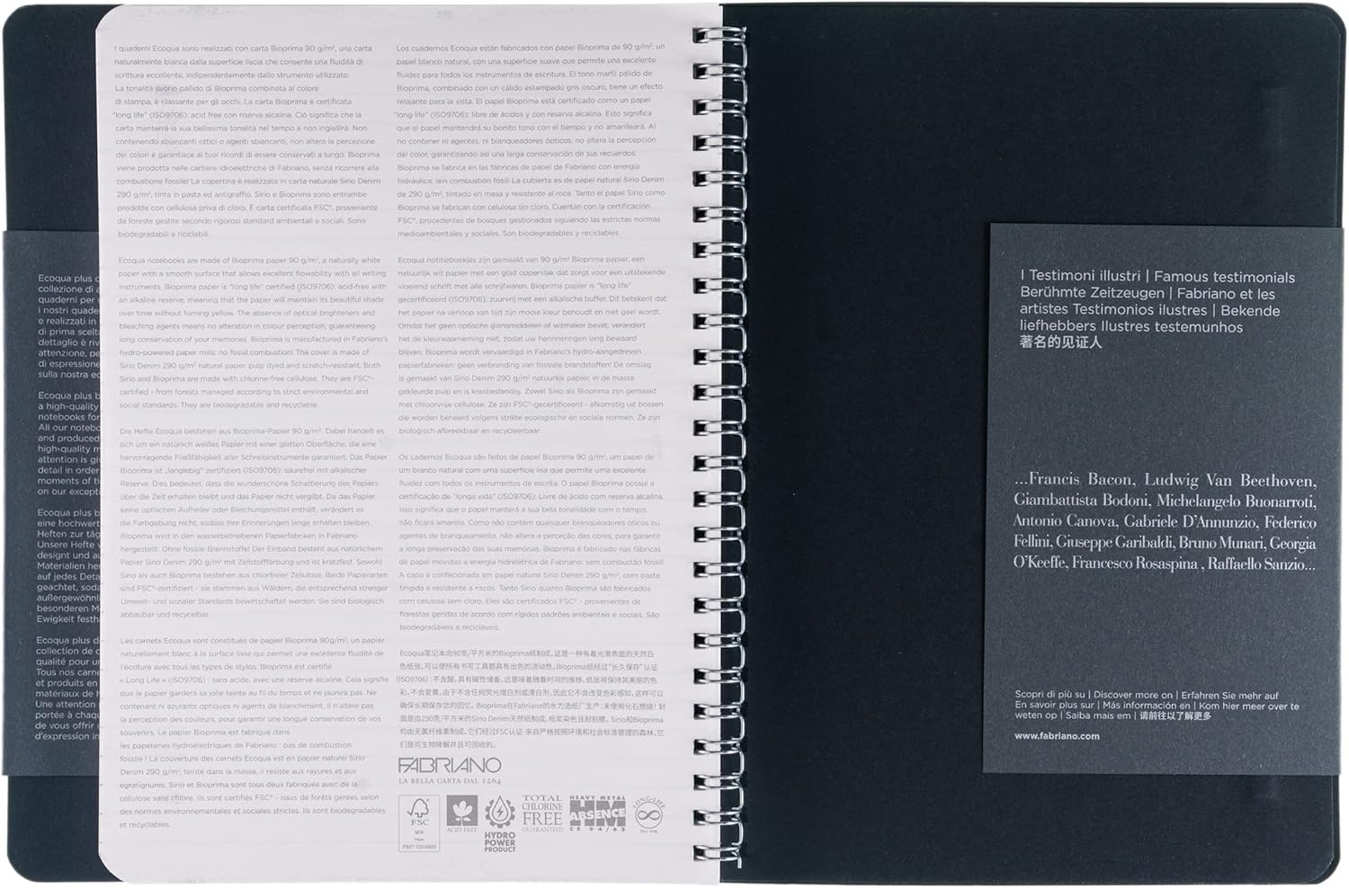Fabriano Ecoqua Plus Hidden Spiral-Bound Notebook, 5.8" x 8.3", A5, Lined, Black