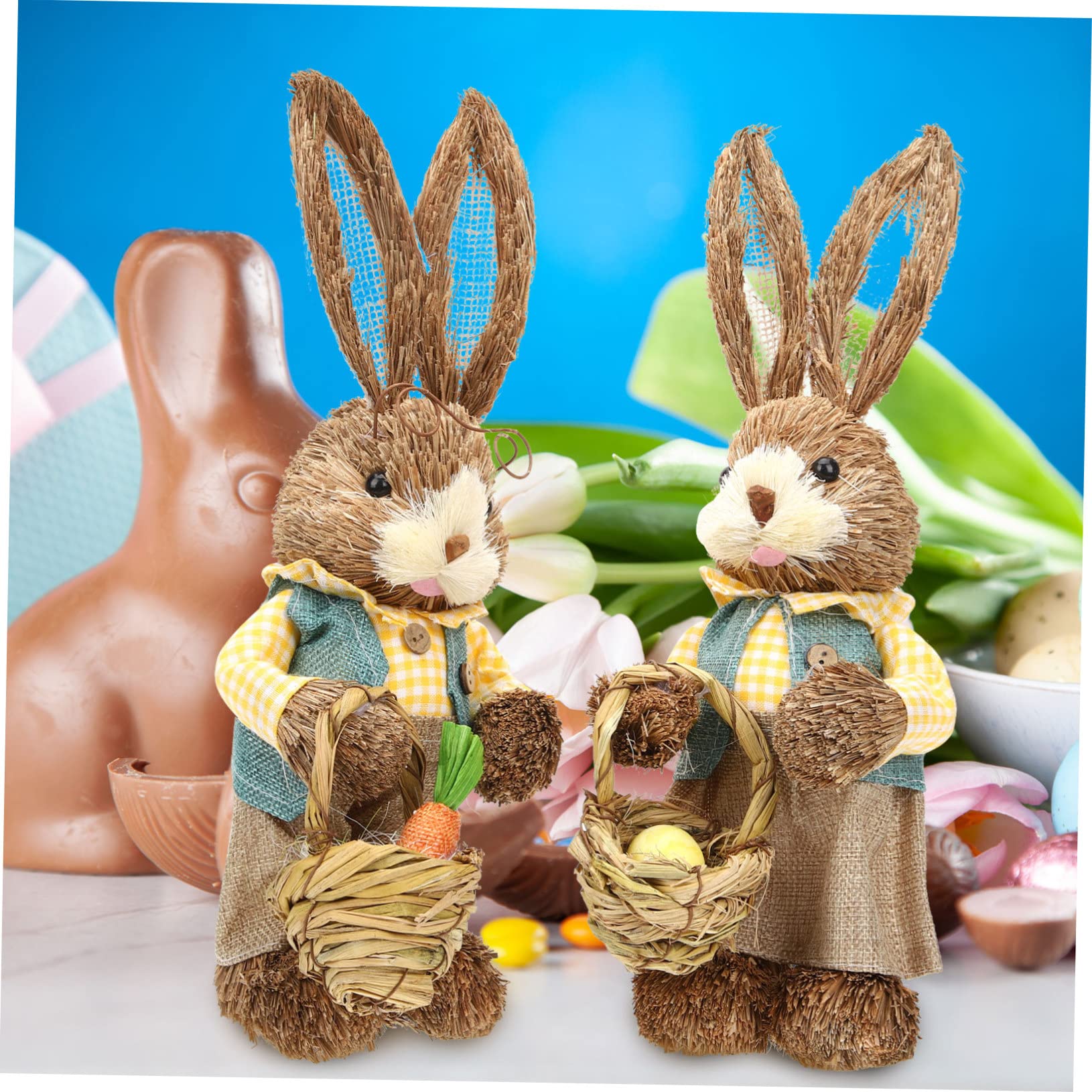 Handgewebte Hasenfigur aus Stroh und Baumwollstoff, 2 Stück