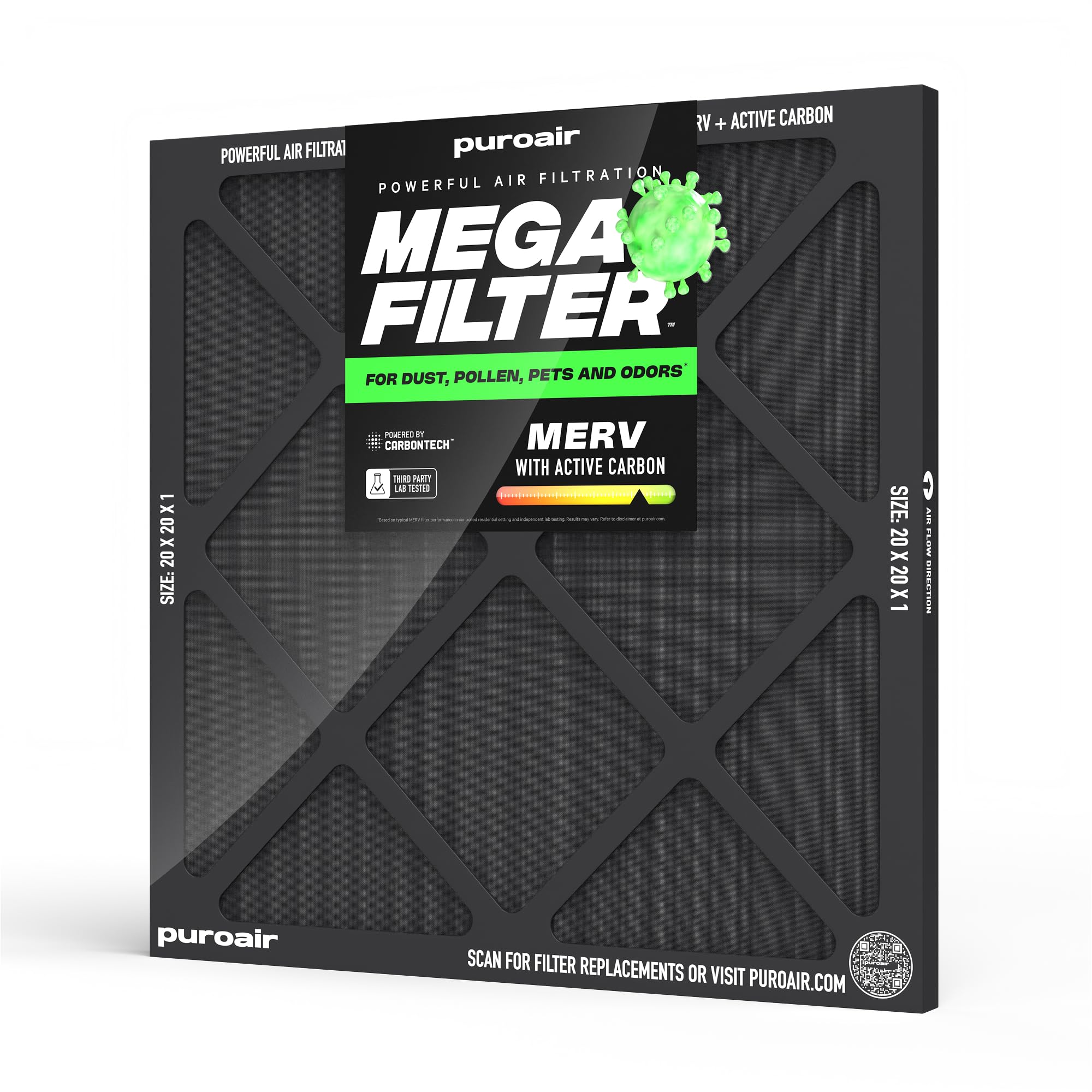 PuroAir MegaFilter - 20x20x1 Air Filter MERV 13 Activated CarbonTech Defense