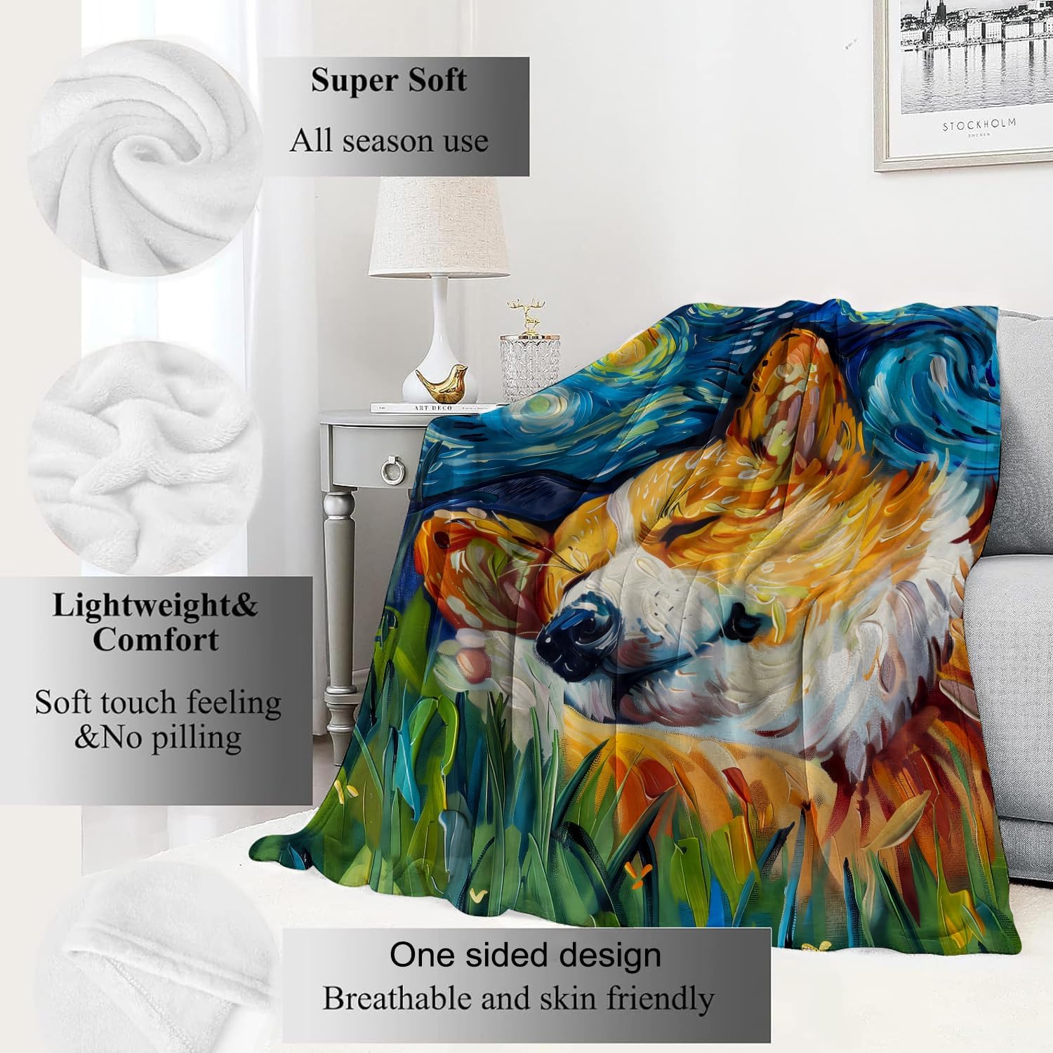 Corgi Blanket Starry Night Puppy Throw Blankets,Gifts for Kids Woman Adult & Dog Lover,Lightweight Soft Fleece,for Sofa Couch Bed Room Modern Artistic Decor 50x60in - Image 2