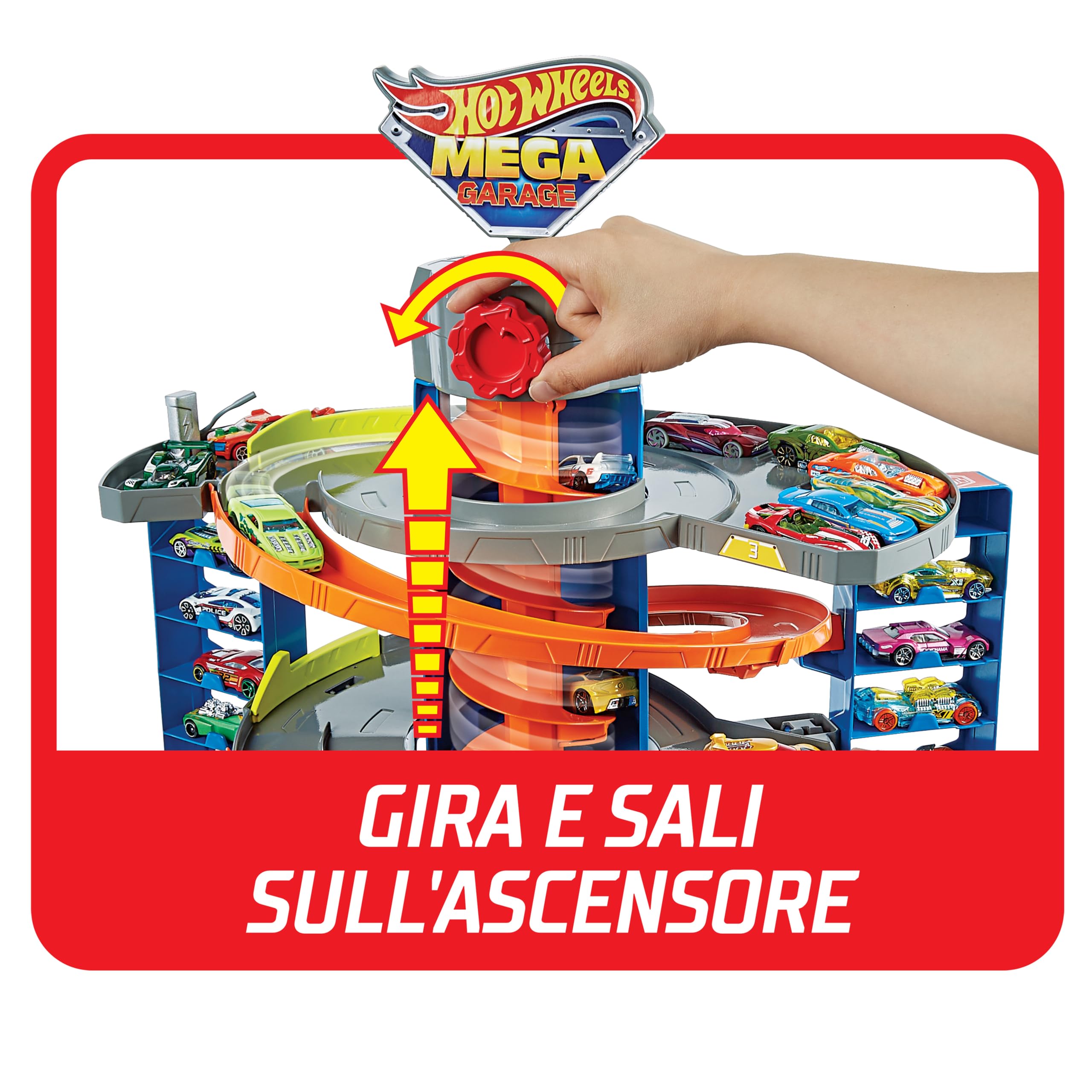 Hot Wheels- City Mega Garage Twist Playset con Ascensore a Spirale e Oltre 60 Posti Auto, Include 1 Macchinina in Scala 1:64, Giocattolo per Bambini 4+ Anni, GTT95
