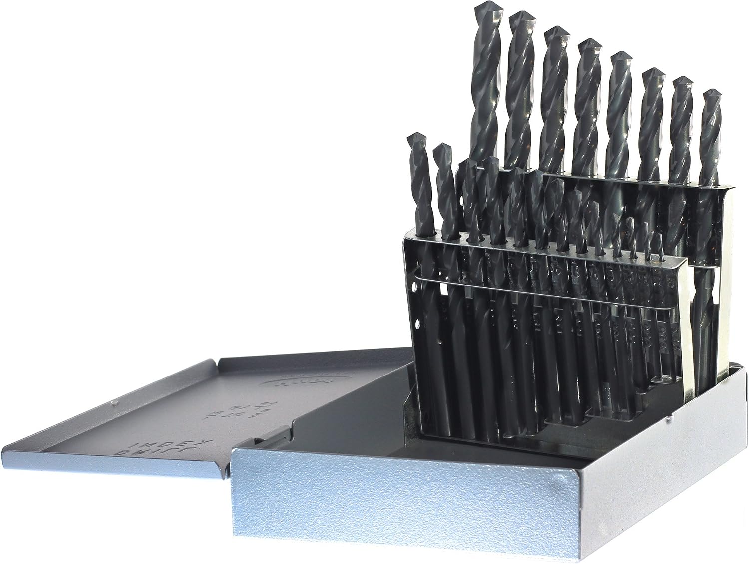 Drillco 200 Series 21 Piece High-Speed Steel Jobber Drill Bit Set, Black Oxide Finish, Round Shank, Spiral Flute, 118 Degrees Conventional Point, 1/16" - 1/4" in 1/64" increments & 9/32" - 1/2" in 1/32" increments