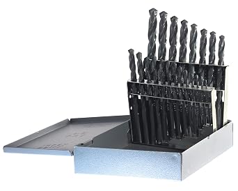 Drillco 400 Series 21 Piece High-Speed Steel Heavy-Duty Jobber Drill Bit Set, Black Oxide Finish, Round Shank, Spiral Flute, 135 Degrees Split Point, 1/16" - 1/4" in 1/64" increments & 9/32" - 1/2" in 1/32" increments