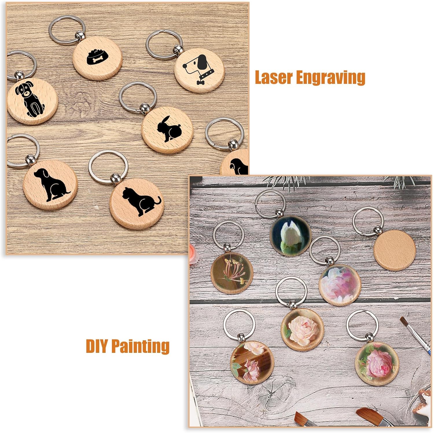 JUXYES 100 PCS Unfinished Wooden Keychain Blanks for Engraving, Wood Engraving Blanks Key Chain, DIY Wooden Key Ring Key Tag - Image 5