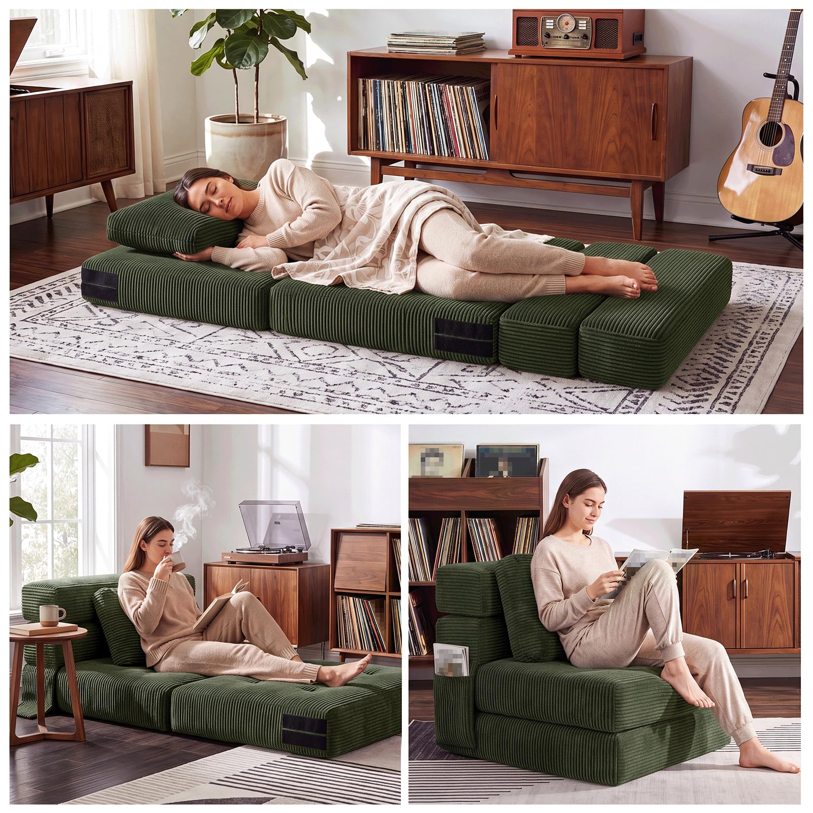 Fabulcozy Wandelbares Sofa 4 in 1, klappbarer Sessel mit Seitentasche, Komfortschaum, Cordbezug, Kissen und Kopfstütze, für Wohnzimmer oder kleine Räume,Grün