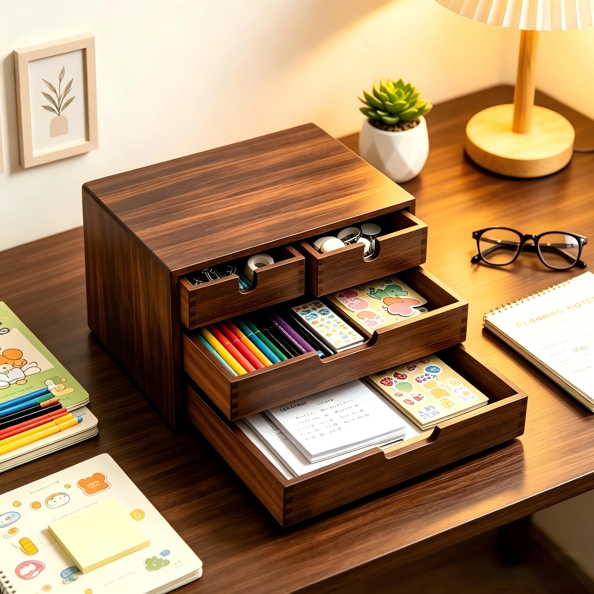 DEAYOU Bambus-Schreibtisch-Organizer, 100% natürlicher Bambus, Schreibtisch-Organizer, dunkelbraune Tisch-Aufbewahrungsbox mit 4 Schubladen für Make-up, Briefe, 3 Ebenen, vollständig montiert
