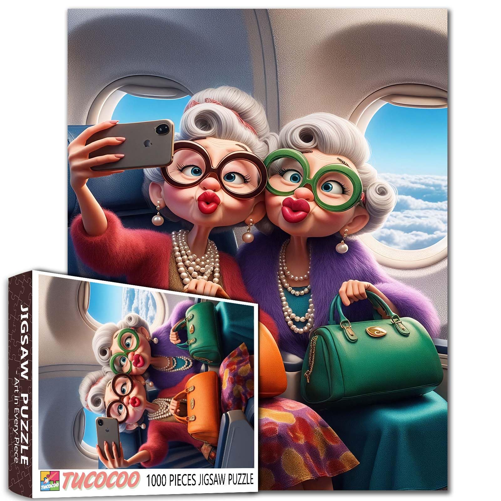 1000 Pieces Jigsaw Puzzle, Cartoon Characters Taking Selfie, Airplane Scene Older Women DIY Puzzles for Challenging Family Activity Games Elderly Lady Art Home Wall Decor Craft Gifts