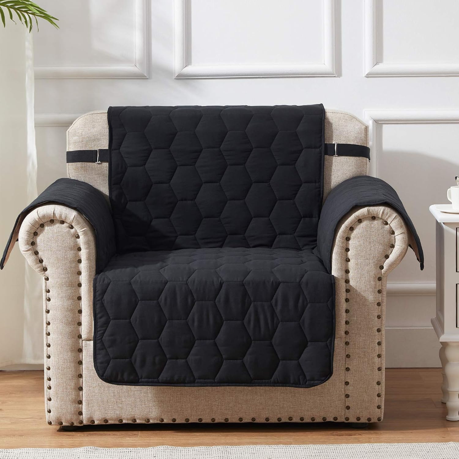 SunStyle Home 1 Piece Chair Slipcovers 100% Waterproof Furniture Protector Honeycomb Quilted Black Couch Cover with Adjustable Elastic Strap and Non-Slip Backing