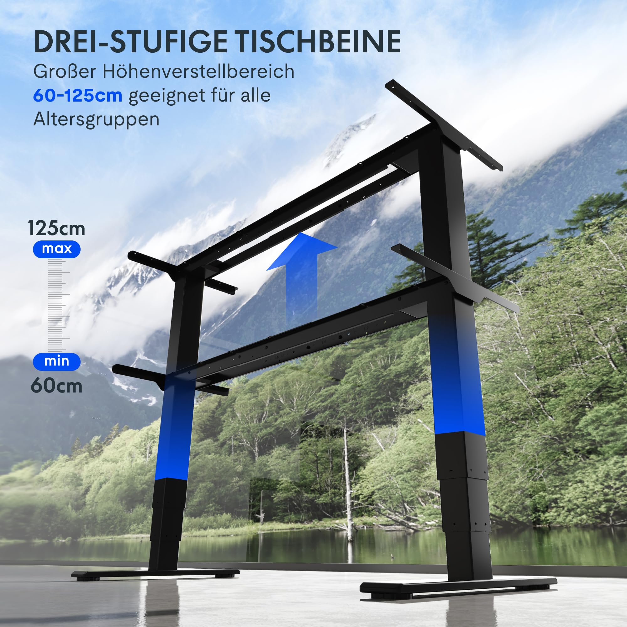 FLEXISPOT Elektrisch Höhenverstellbares Schreibtischgestell mit Dual-Motor & 3-stufigen Säulen, Sitz-Steh-Tisch Rahmen für Homeoffice & Büro, Höhenbereich 60–125 cm, Schwarz EC5-LITE