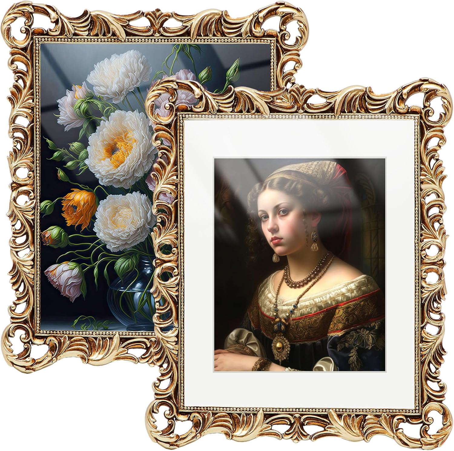 2 Pcs Gold 11x14 Picture Frame Vintage Ornate Picture Frames for 11x14 or 8x10 Pictures with White Mat for Home Wall Hanging Decor or Tabletop Display