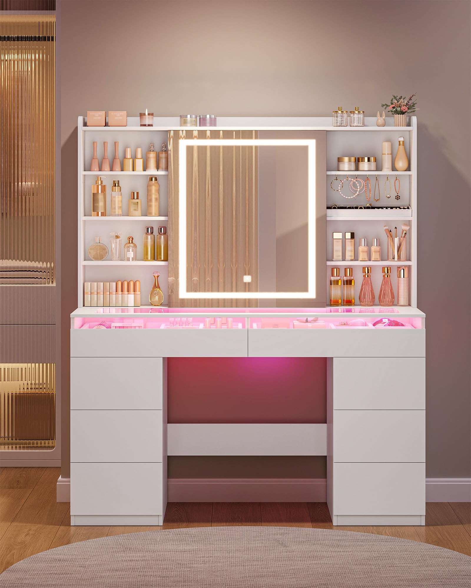 Hzuaneri Große Schminktisch, Schminktisch mit Verstellbaren RGB-Beleuchtung und Glasplatte, Schminktische mit Große Spiegel, 8 Schubladen und 9 Offenen Fächern, Schlafzimmer, Weiß, 1180203XEU