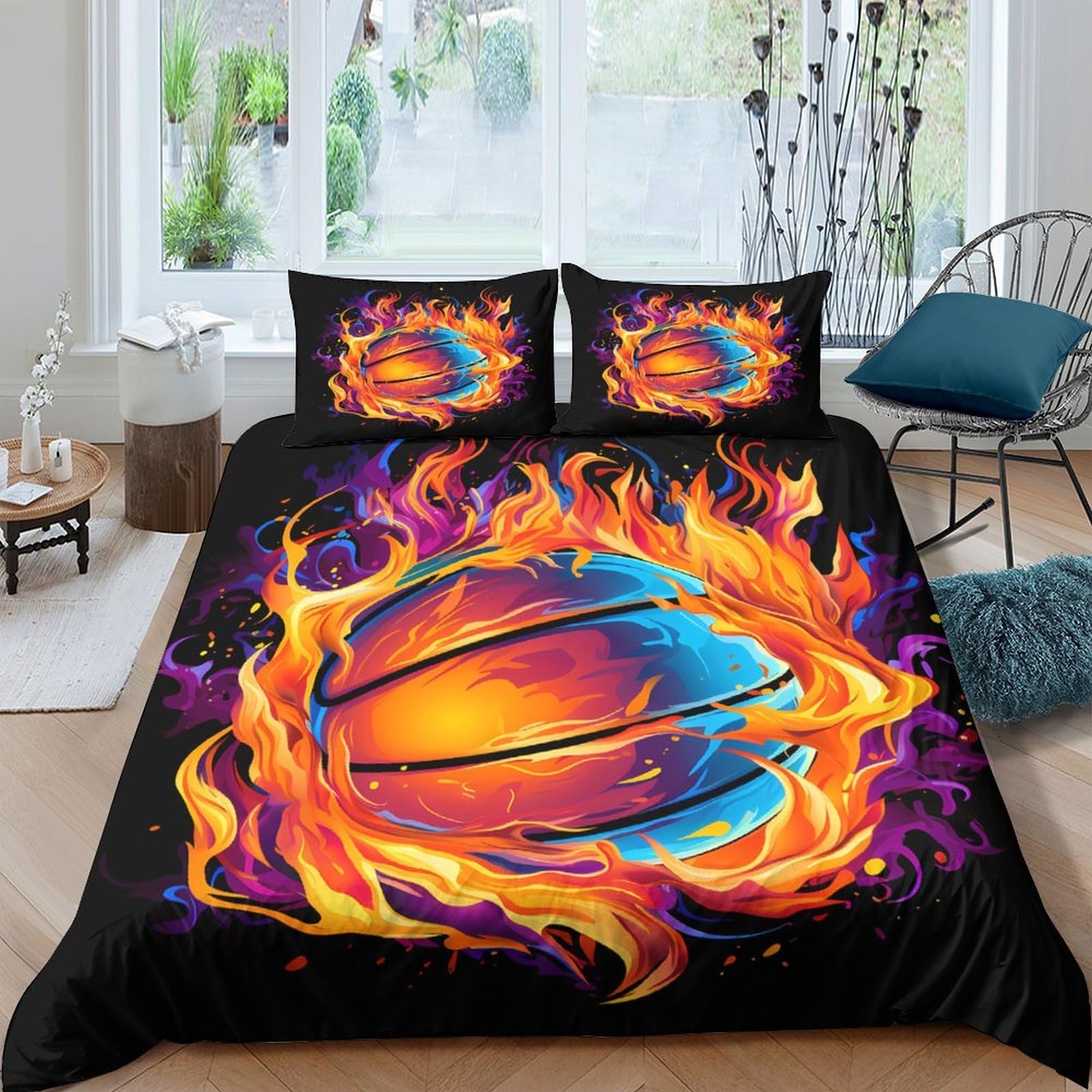 Ctjqhvkz Style-2 3D Printed Fire Basketball Fitted Sheet Microfiber Soft Bedroom Decor Flame Bed Cover Mattress Protection Single（135X200cm）