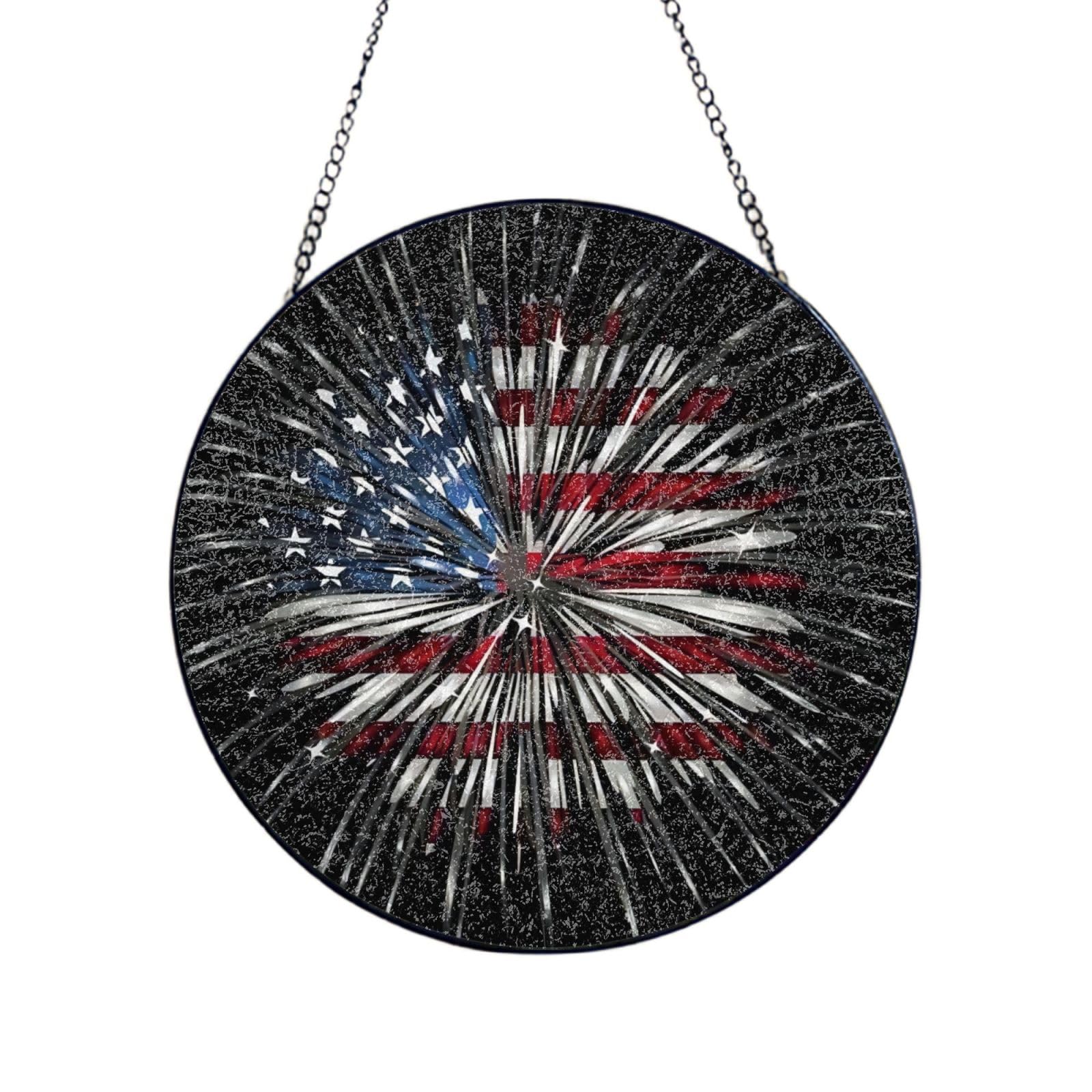 Phayah American Flag Firework Print Glass Window Hanging Round Suncatcher Glass Ornament Garden Wall Fence Decorations Indoor Outdoor 6in（15cm）