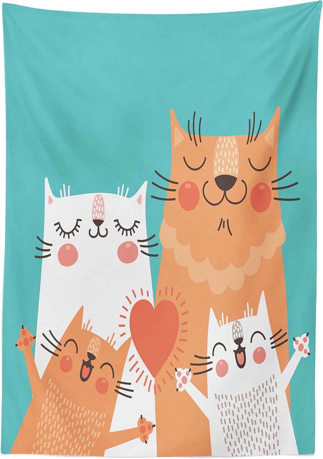 Ambesonne Funny Tablecloth, Kitten Couple Happy Paws Loving Heart with Family Cats Poster Style Animal, Rectangular Table Cover for Dining Room Kitchen Decor, 60" X 84", Teal Orange 60" X 84" Teal Orange