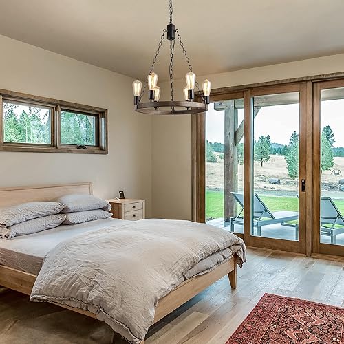 Miniatura 4 de Candelabros de granja rústicos redondos con rueda de vagón de 6 luces para comedor y sala de estar, dormitorio y vestíbulo