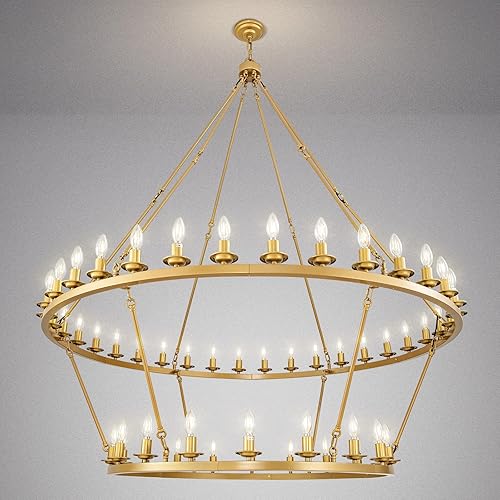 Miniatura 19 de Lámpara de araña de 60 pulgadas dorada, lámpara de rueda de vagón con pantalla de vidrio, lámpara colgante de techo alto de 20 luces redonda grande