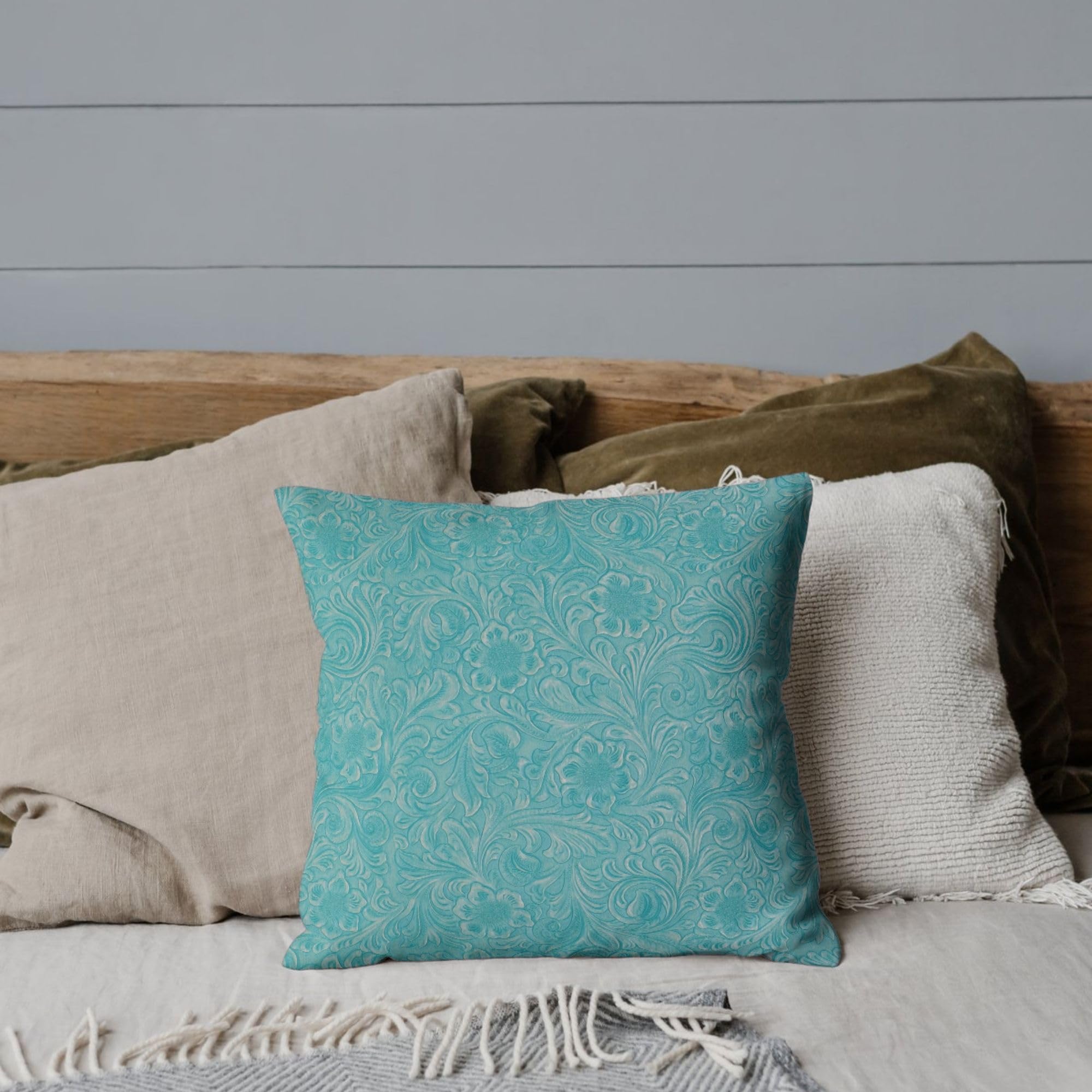 Turquoise Embossed Leather Sheets - Cowboy Tool Floral Print - Custom Cuts For Crafters (Belts, Bags, Wallets)