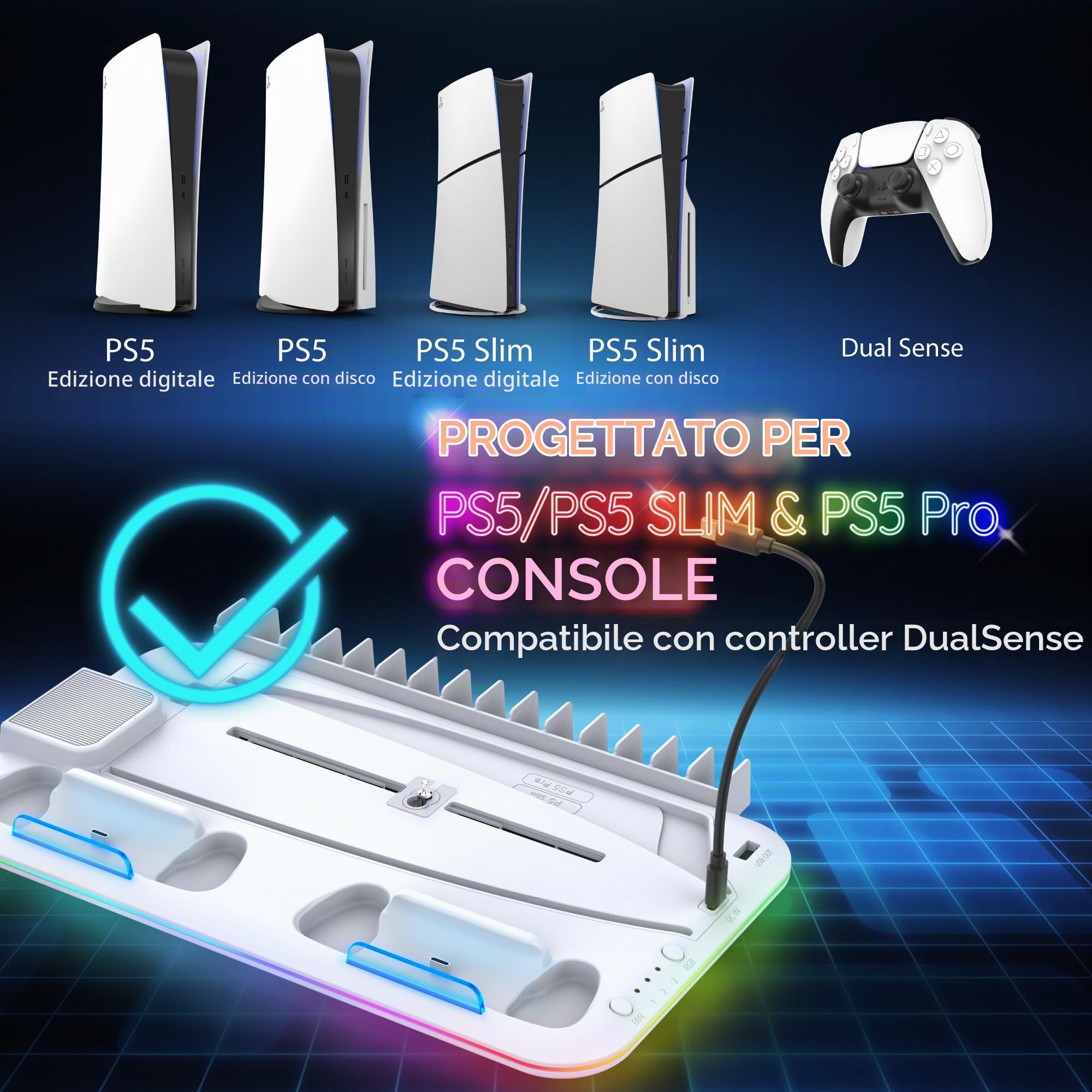 Fosmon - Soporte para PS5 y PS5 Slim e Raffreddamento con Cargador Mando PS5-10 Slots di Gioco e Supporto per Cuffie - con Luce LED RGB - Bianco